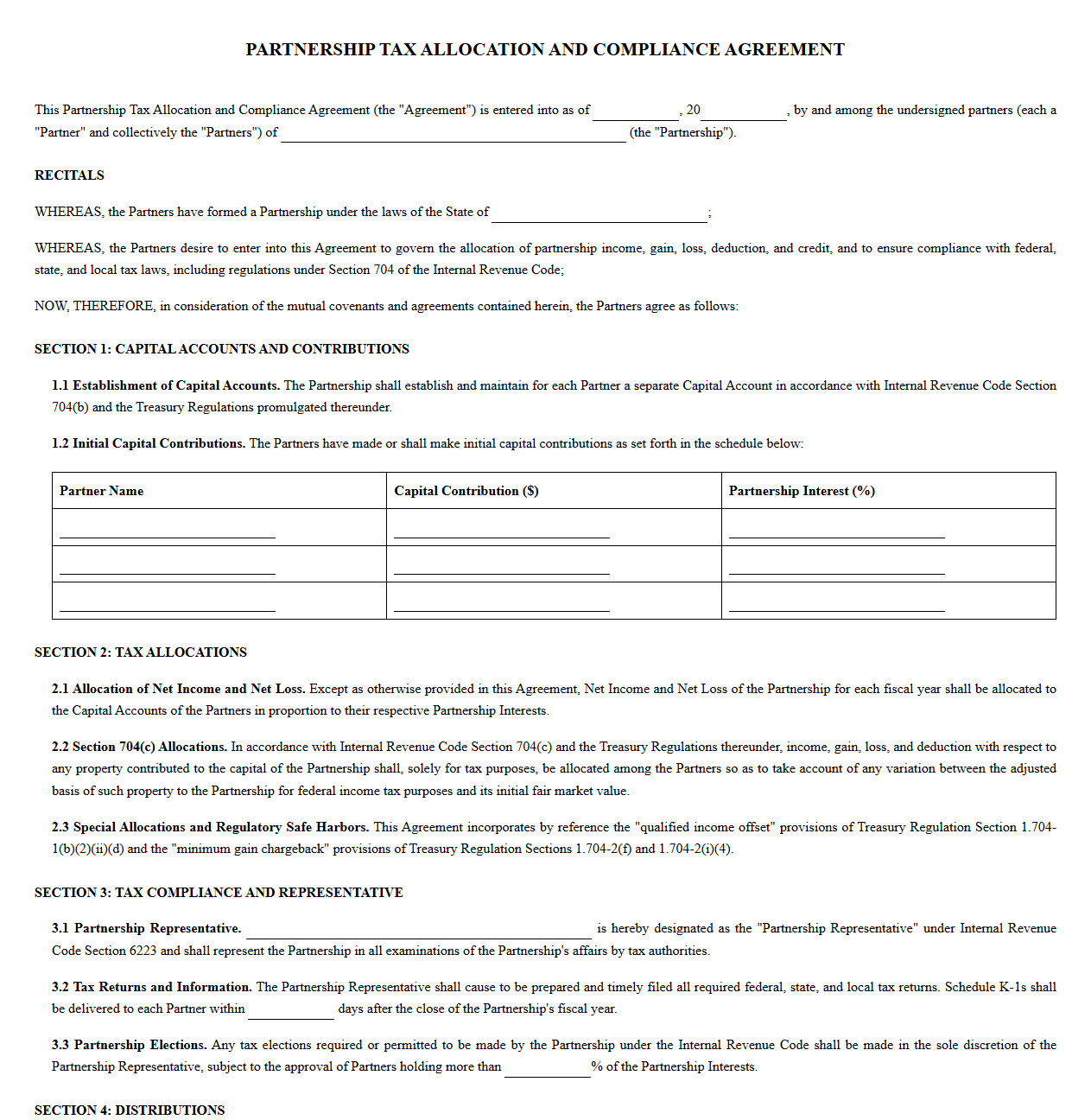 Standard Partnership Tax Allocation and Compliance Contract