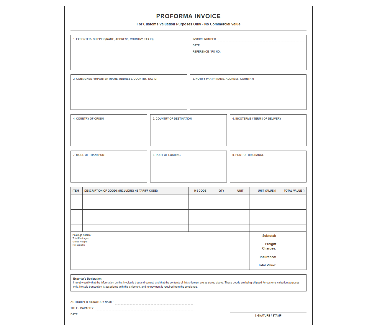 Standard Proforma Invoice for Customs Valuation