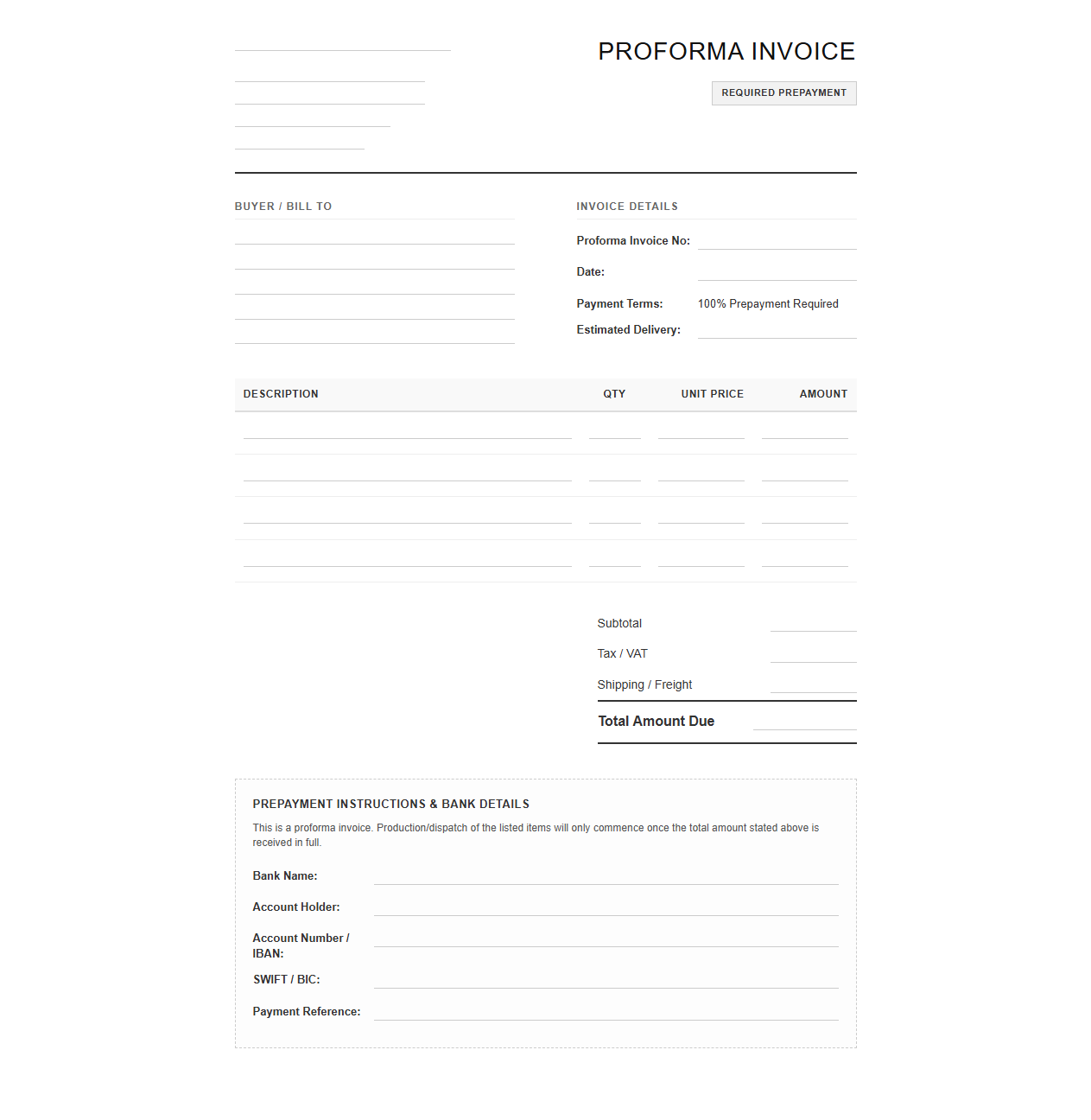Standard Proforma Invoice for Required Prepayment
