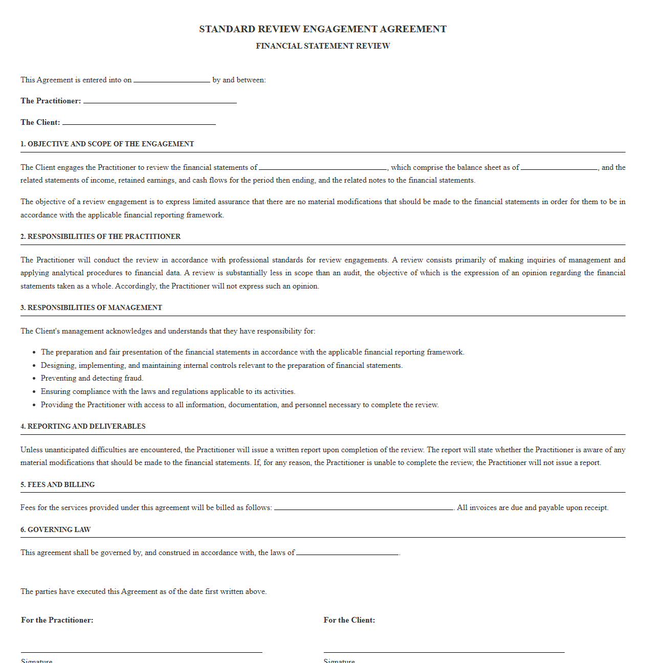 Standard Review Engagement Agreement for Financial Reports