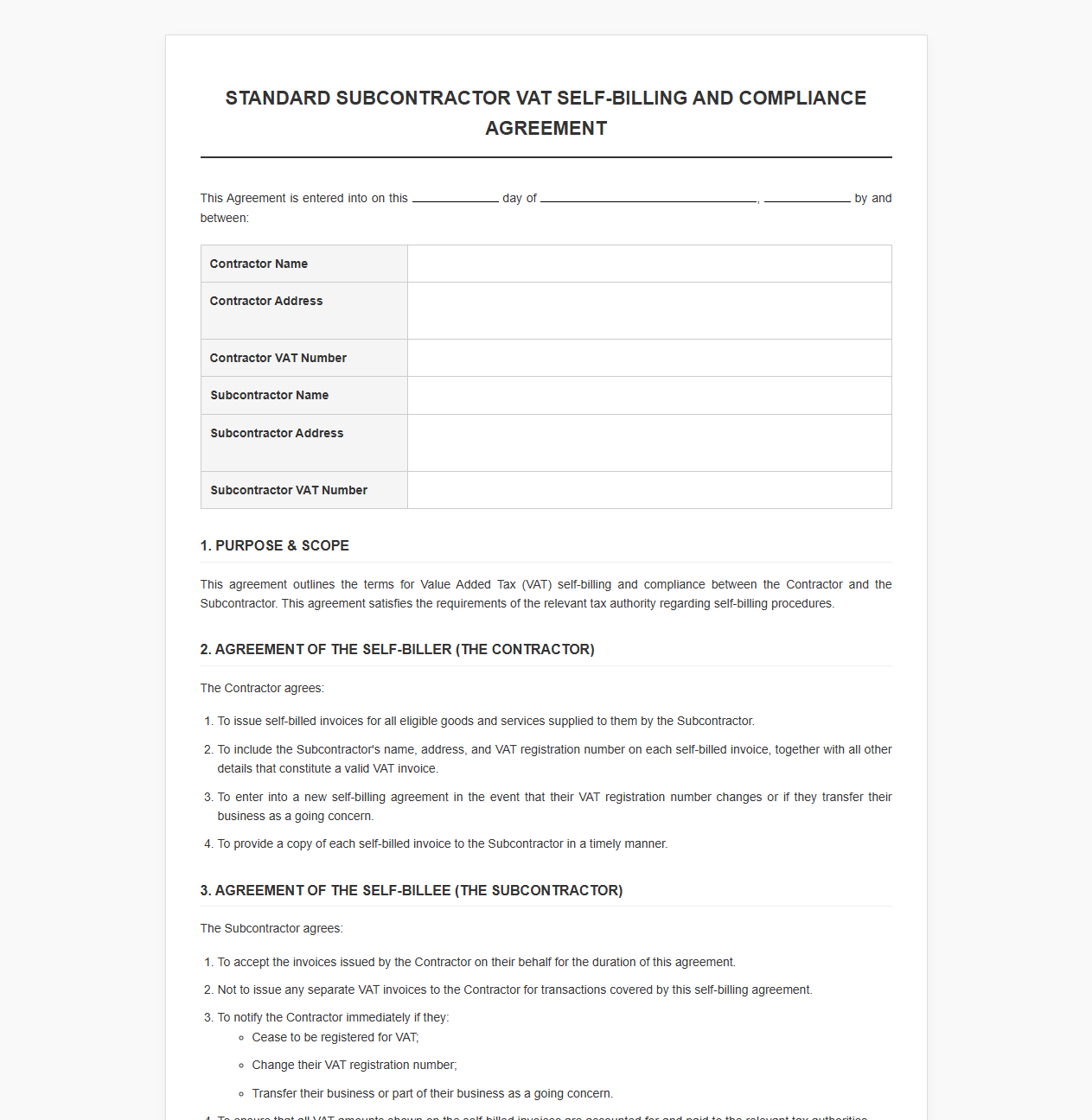 Standard Subcontractor VAT Self-Billing and Compliance Agreement
