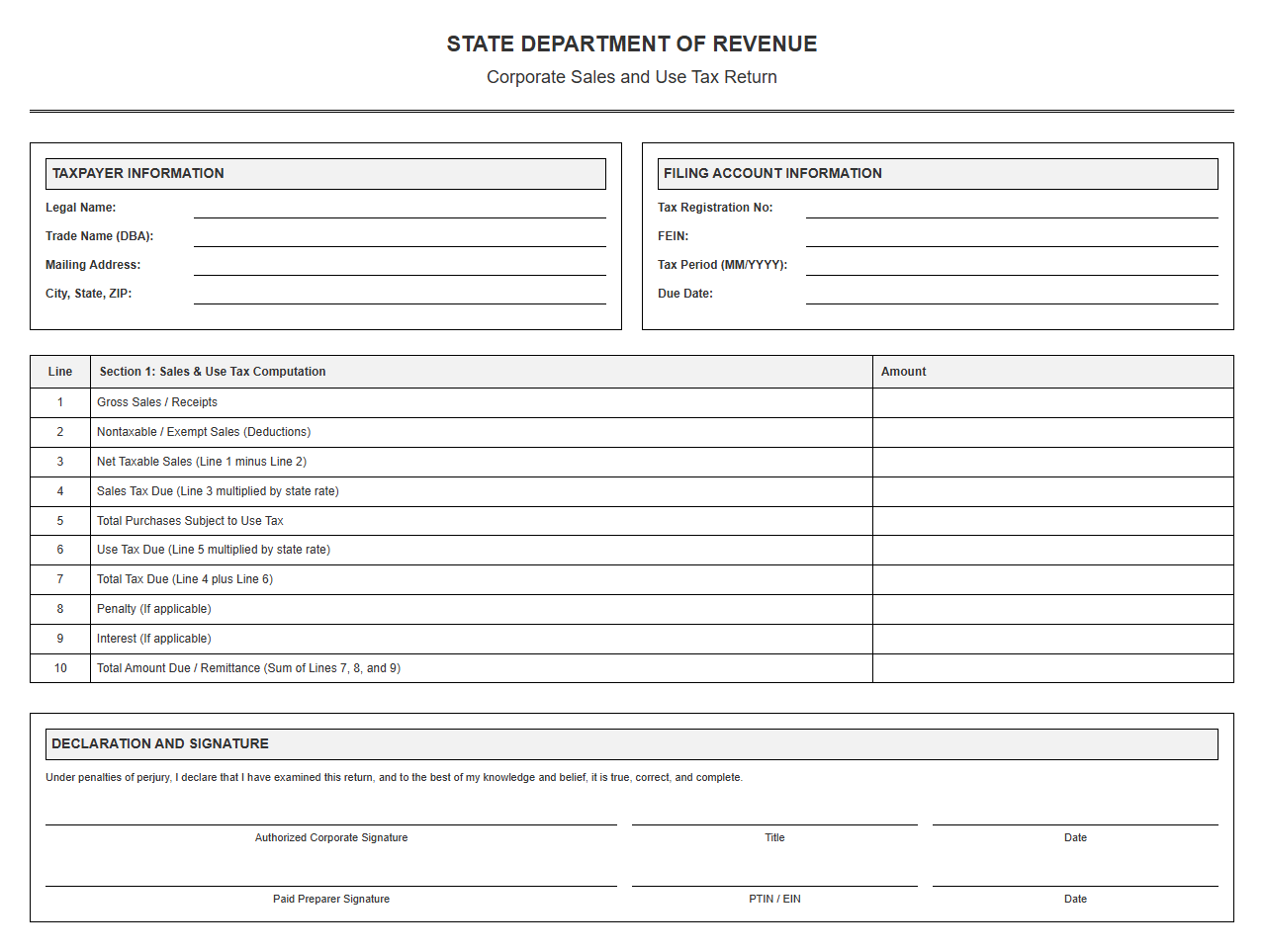 State Corporate Sales and Use Tax Filing Template