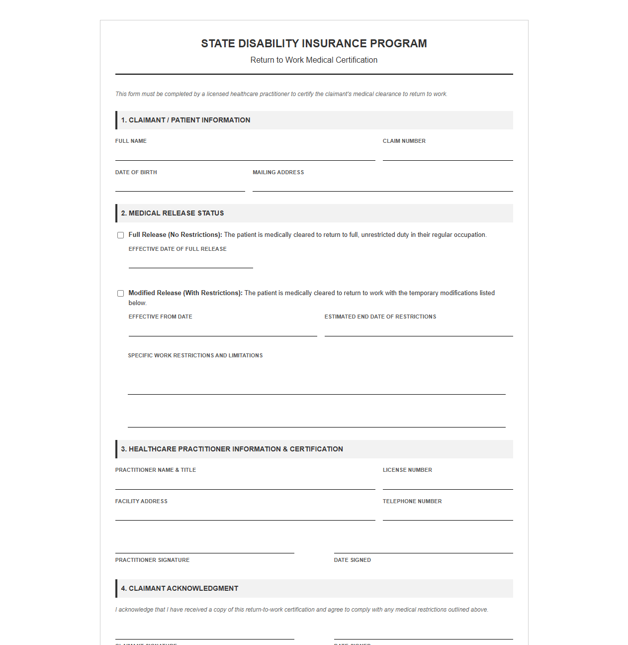 State Disability Benefits Return to Work Certification