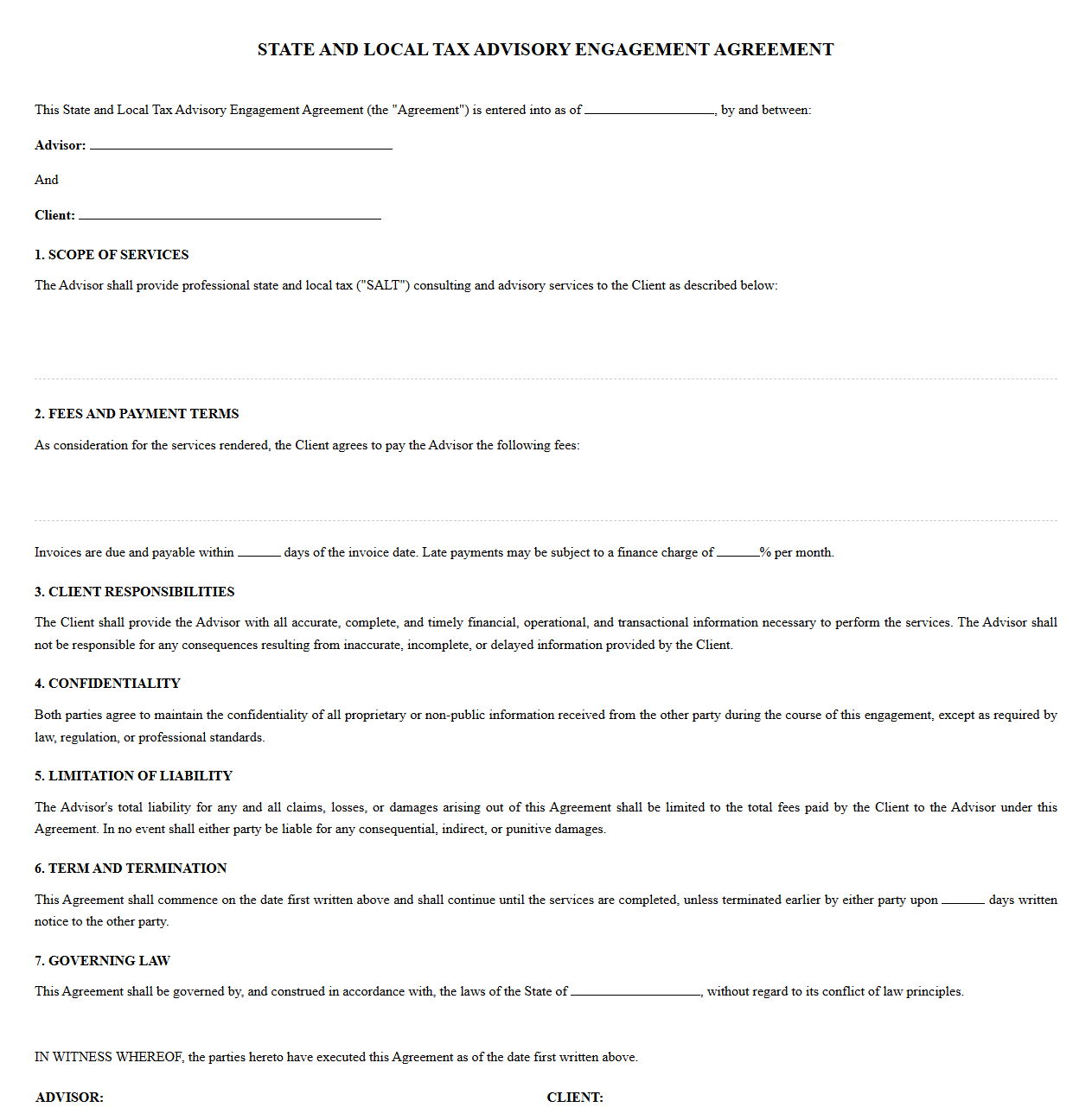 State and Local Tax Advisory Engagement Agreement