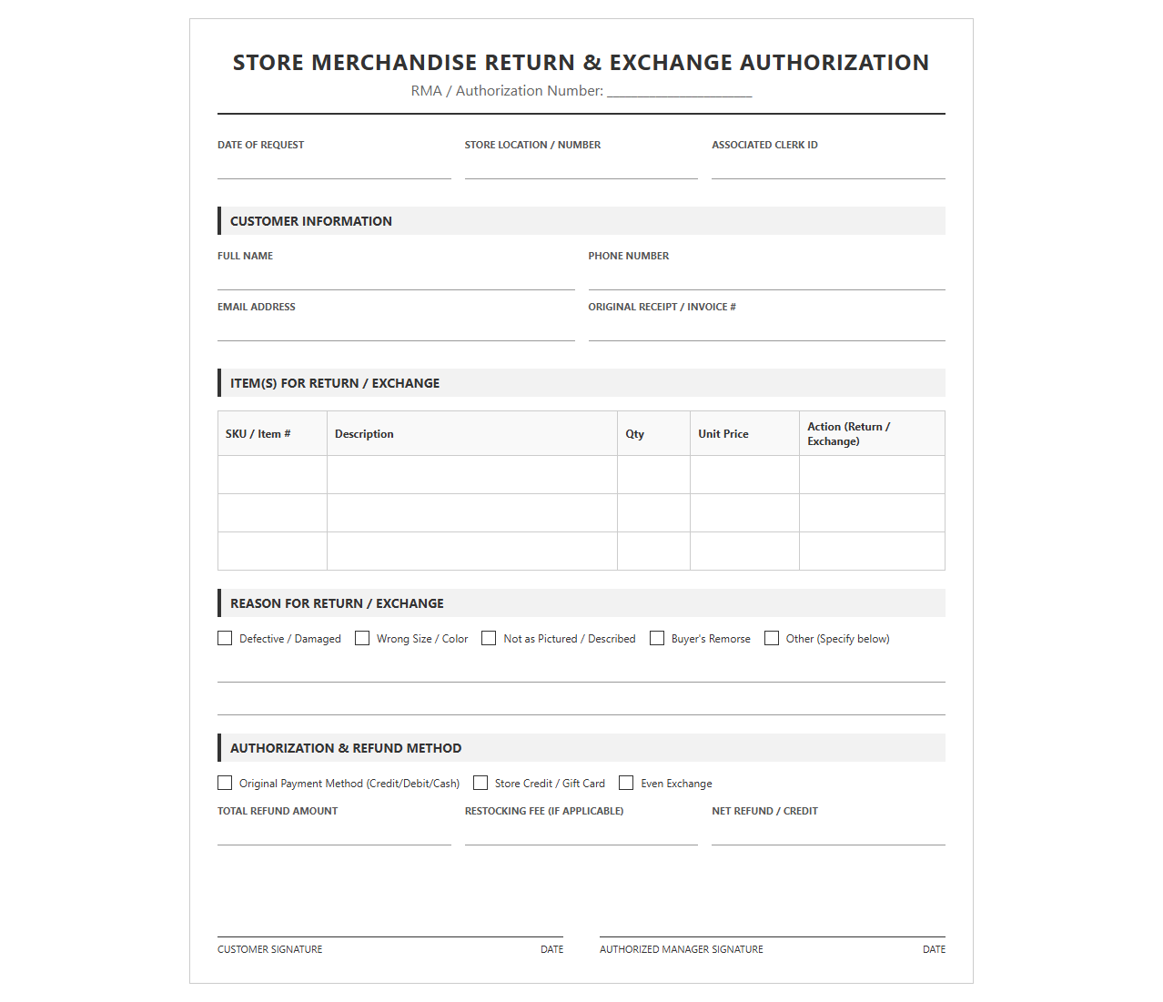 Store Merchandise Return and Exchange Authorization Form