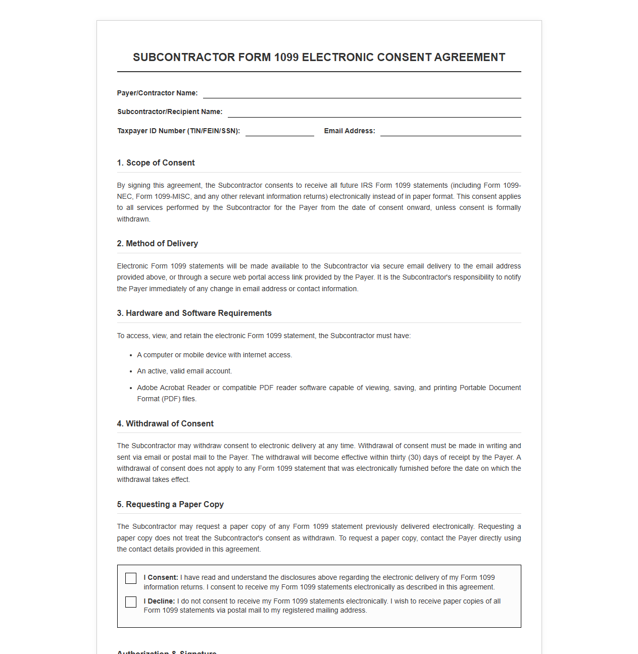 Subcontractor 1099 Information Return Consent Form