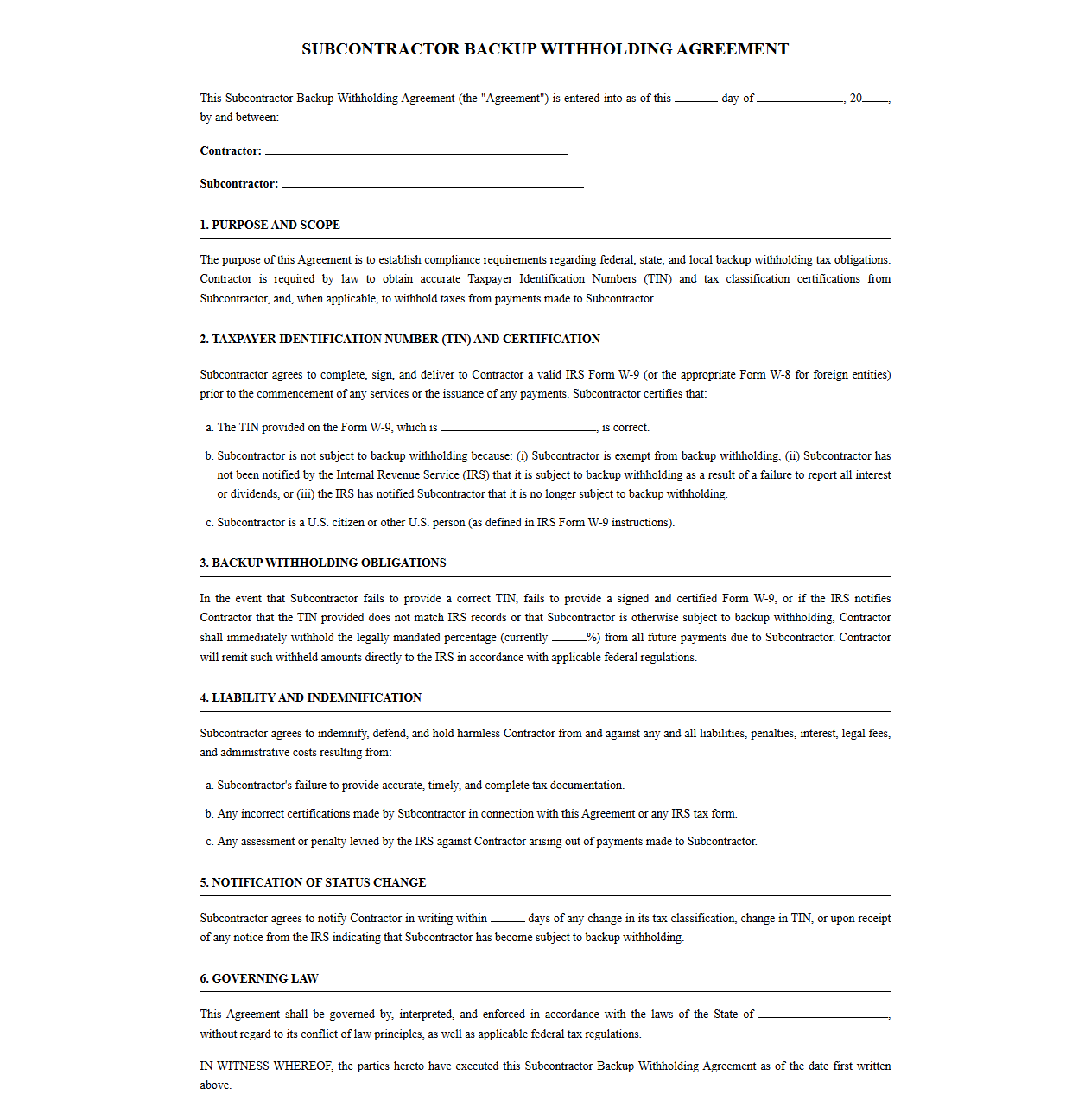 Subcontractor Backup Withholding Agreement Template
