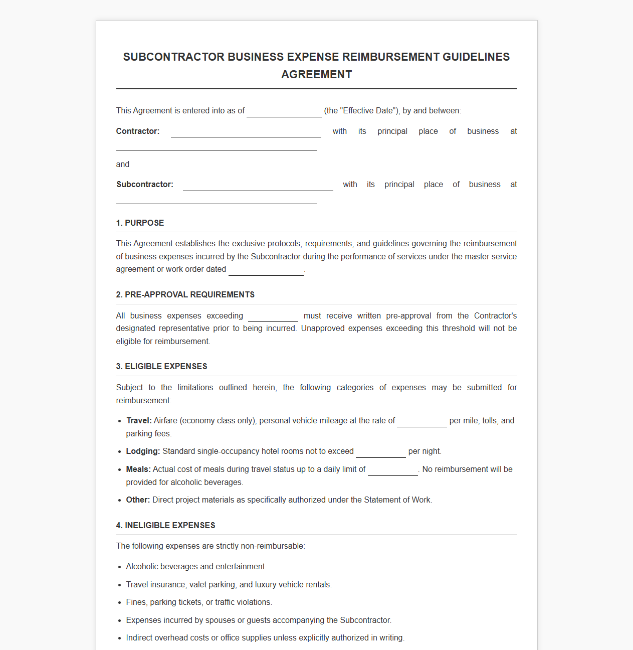 Subcontractor Business Expense Reimbursement Guidelines Agreement
