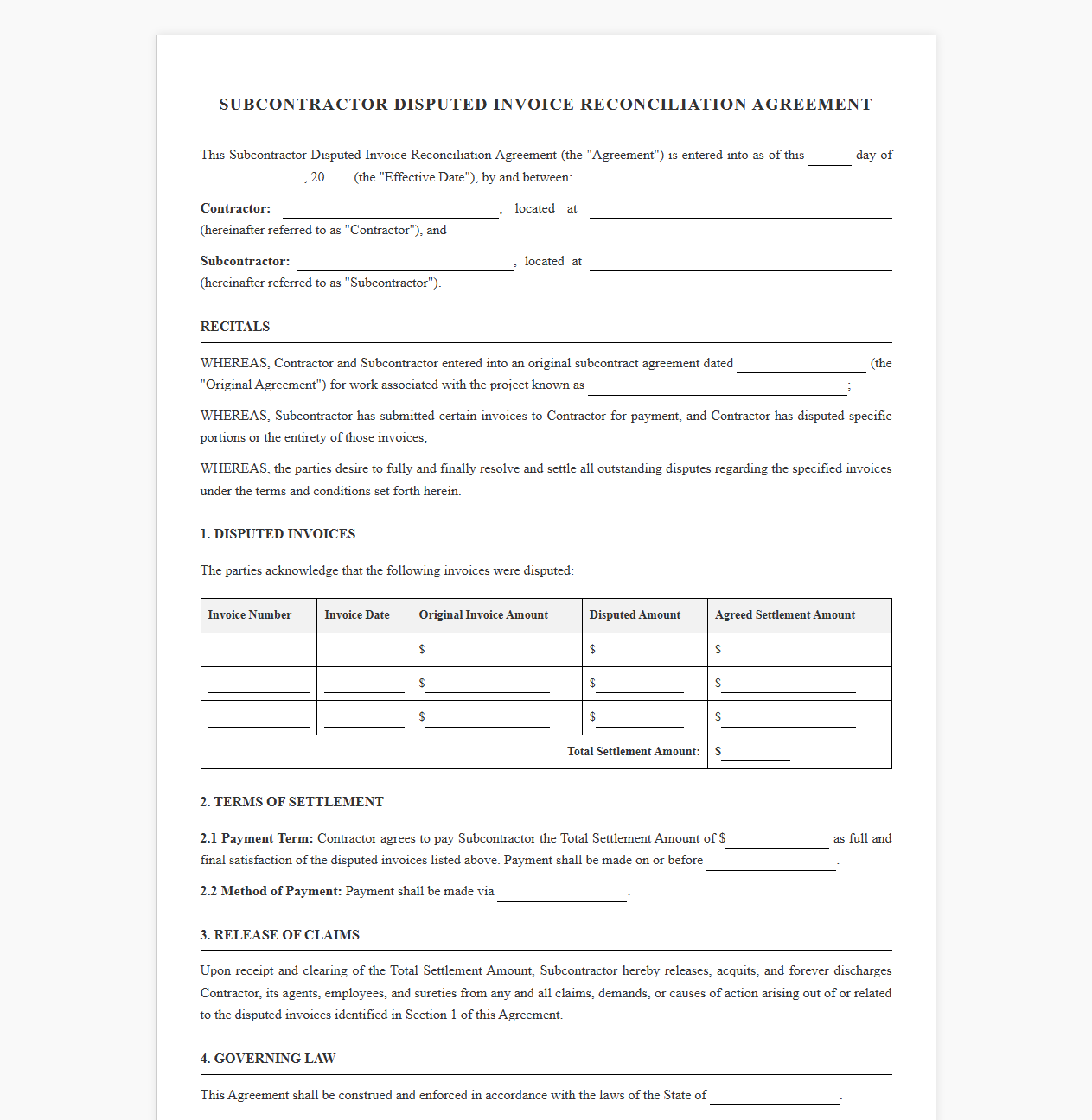 Subcontractor Disputed Invoice Reconciliation Agreement