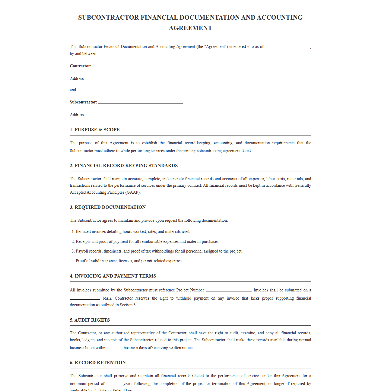 Subcontractor Financial Documentation and Accounting Agreement
