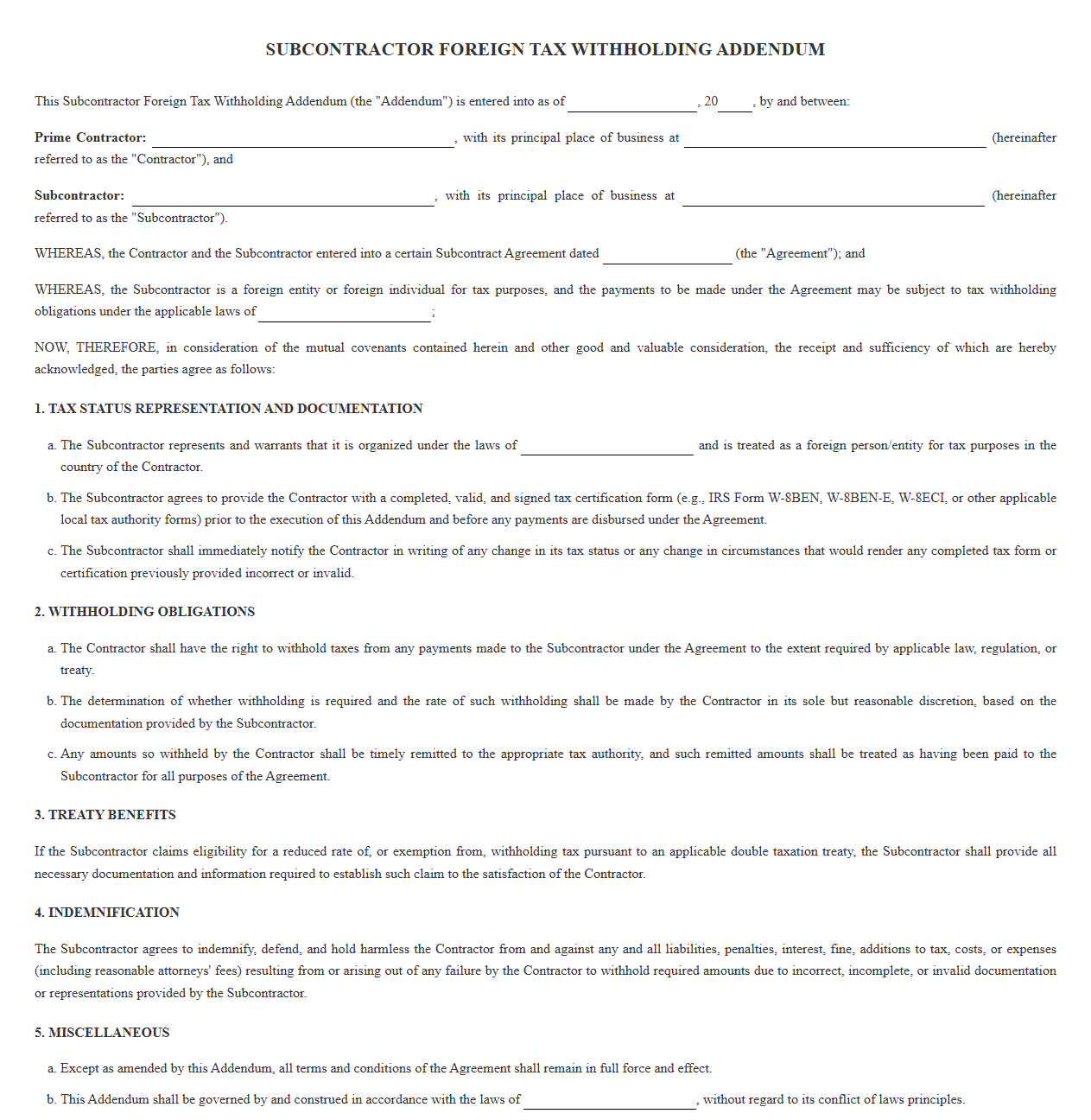 Subcontractor Foreign Tax Withholding Addendum
