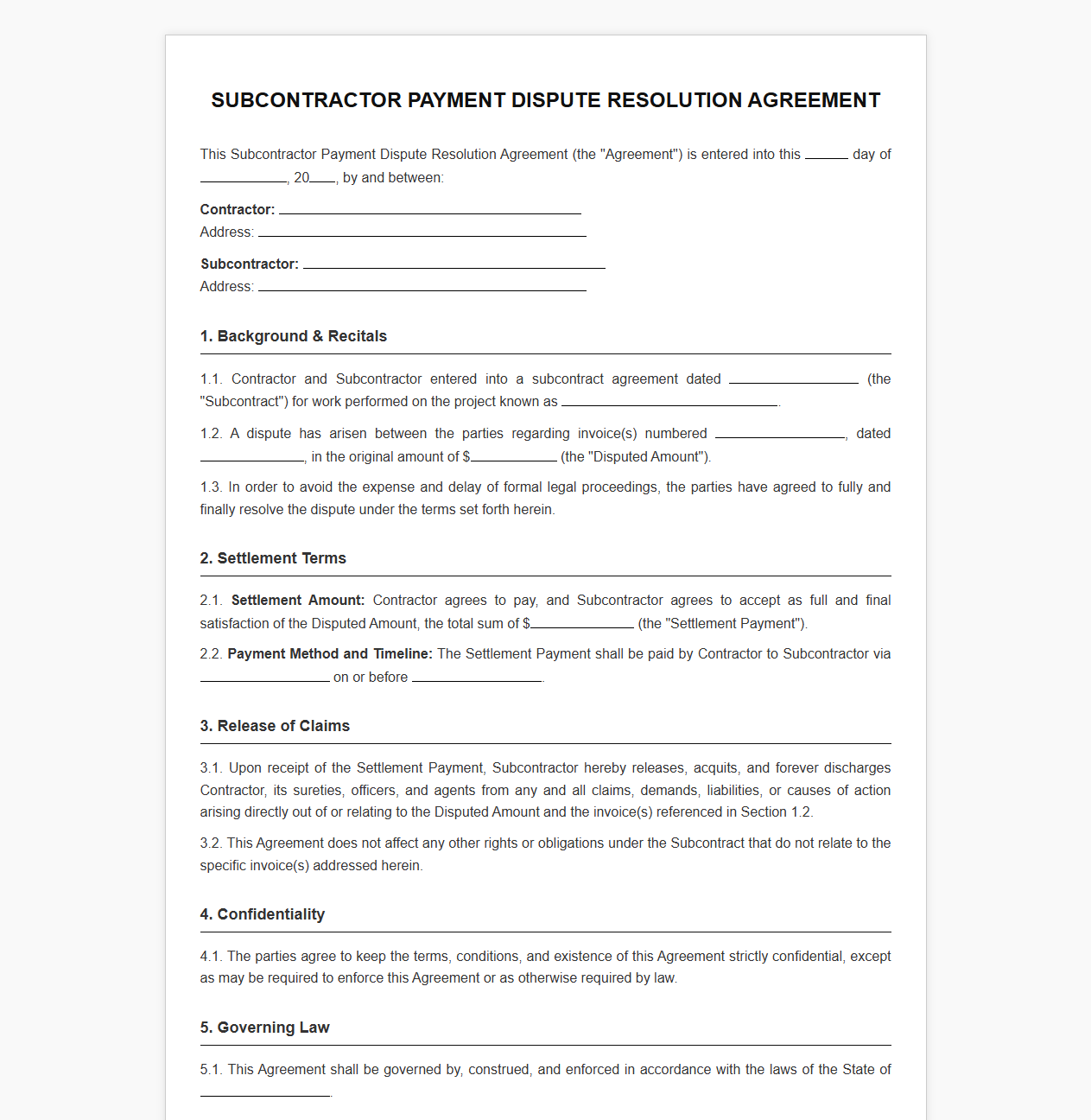 Subcontractor Payment Dispute Resolution Agreement Template
