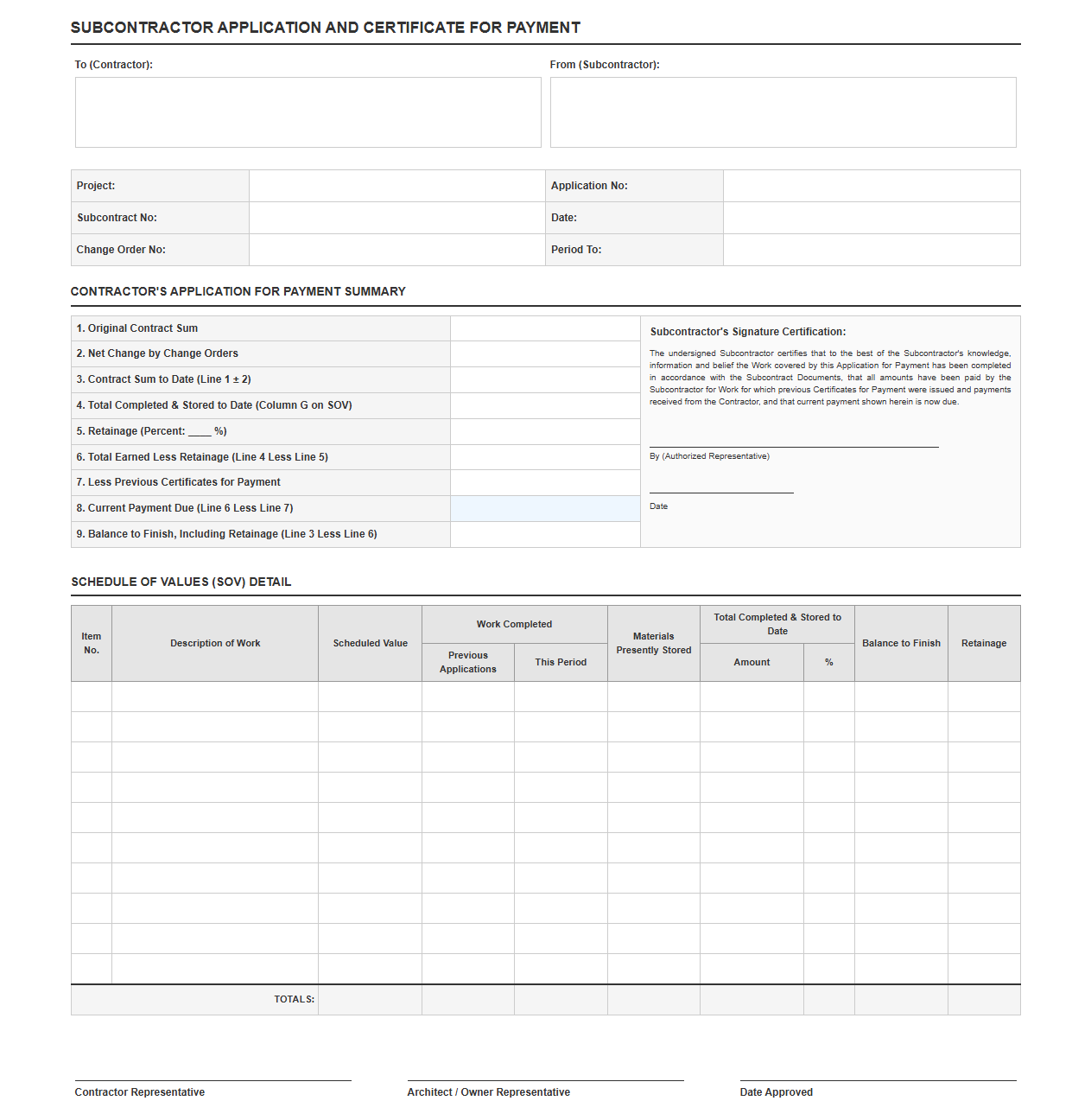 Subcontractor Schedule of Values Billing Invoice