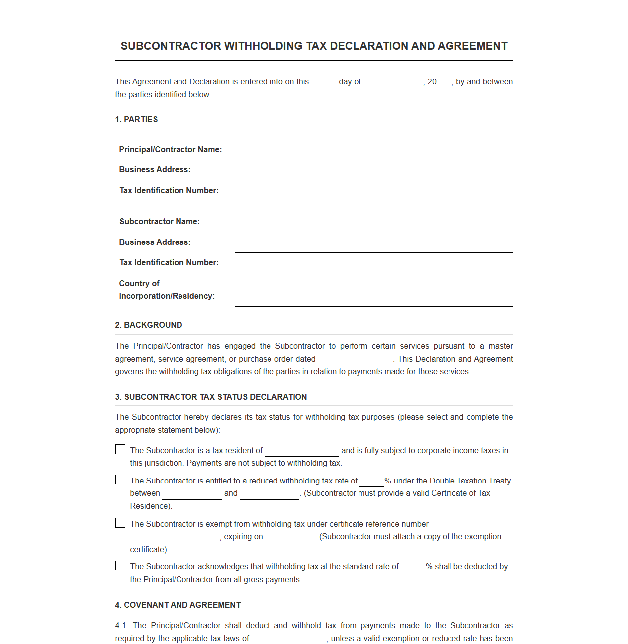 Subcontractor Withholding Tax Declaration and Agreement