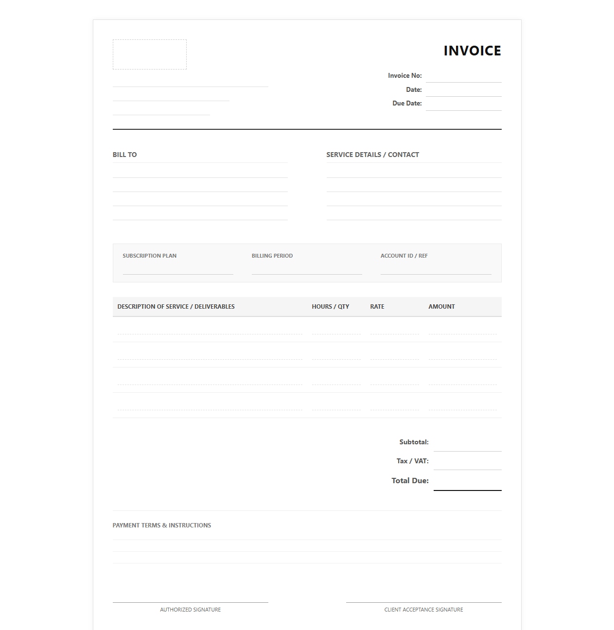 Subscription Based Professional Services Invoice