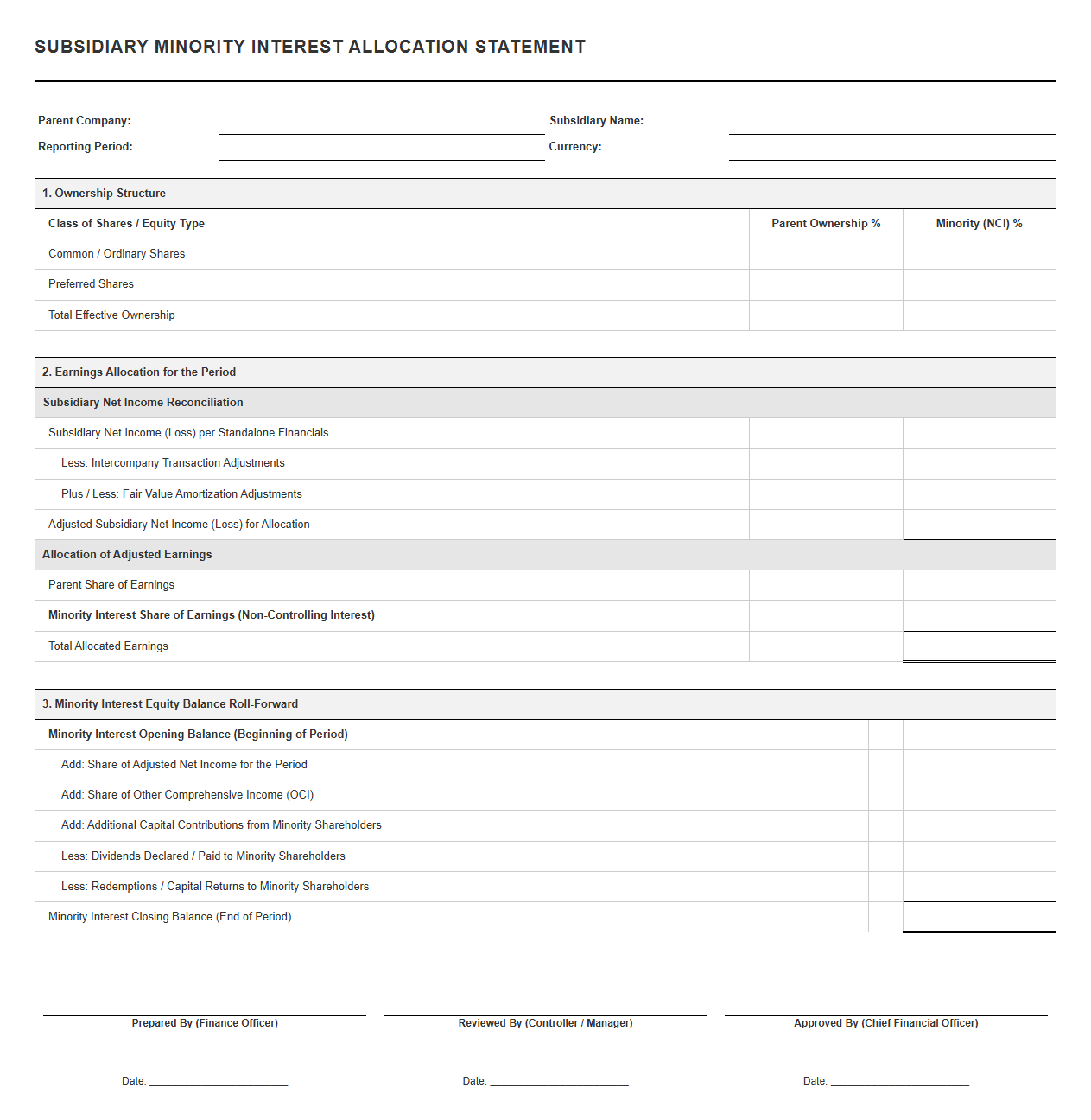 Subsidiary Minority Interest Allocation Template