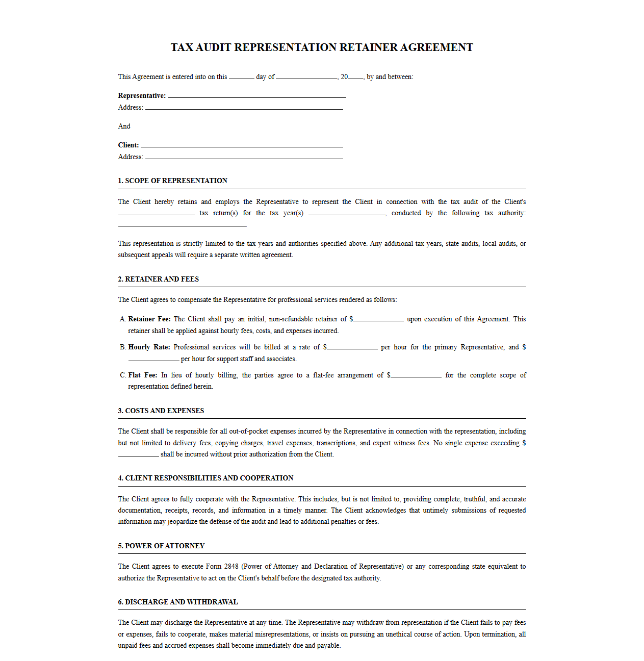 Tax Audit Defense Retainer Agreement Form