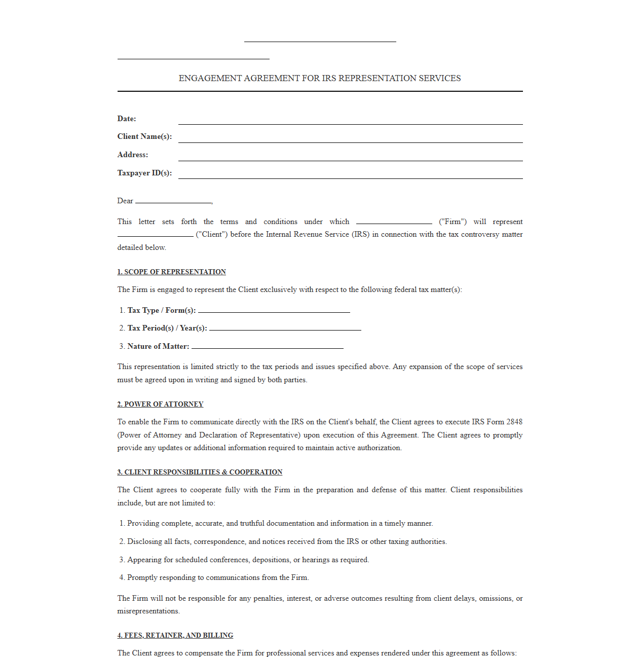 Tax Controversy Representation Engagement Letter