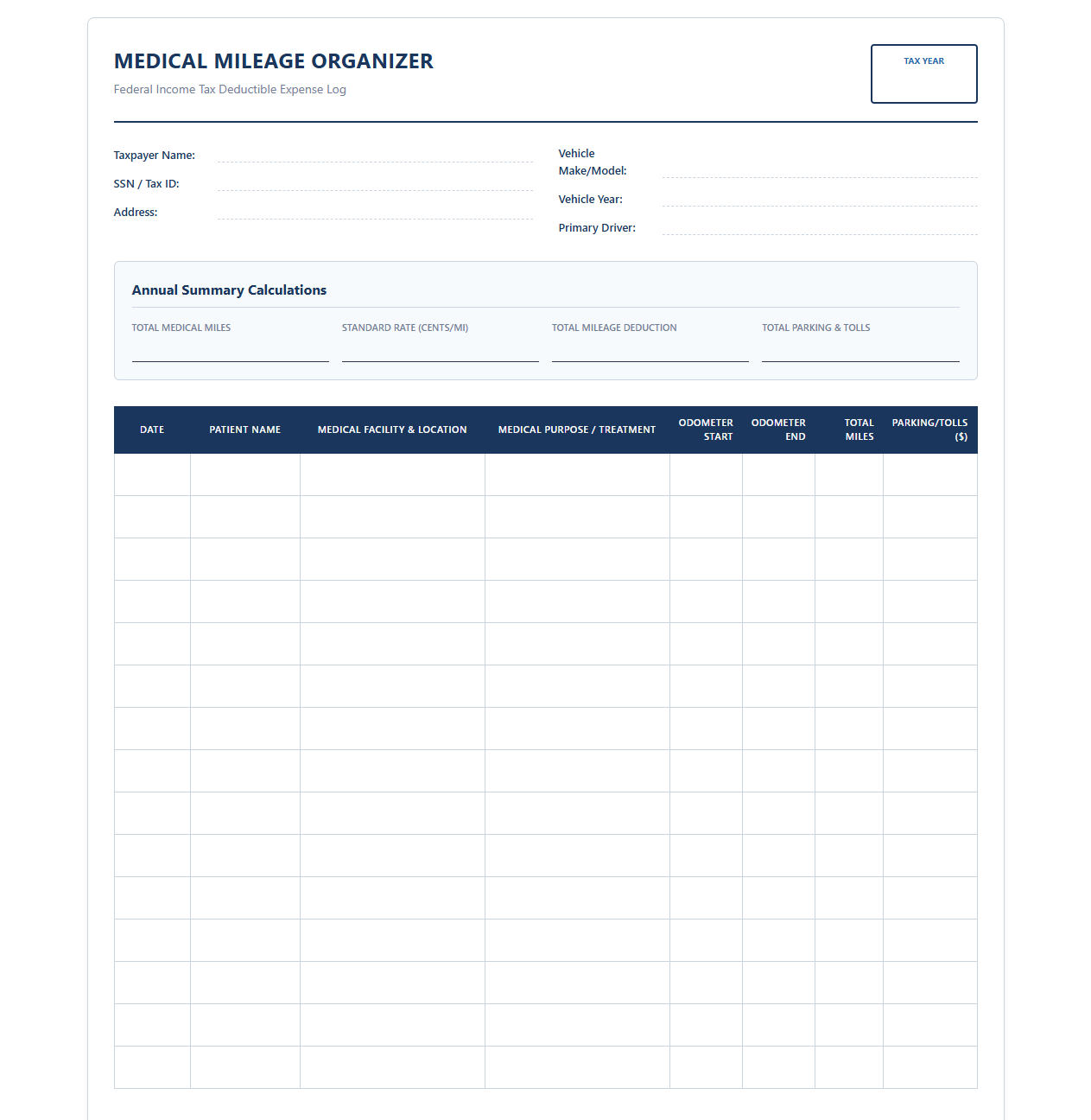 Tax-Deductible Medical Mileage Organizer