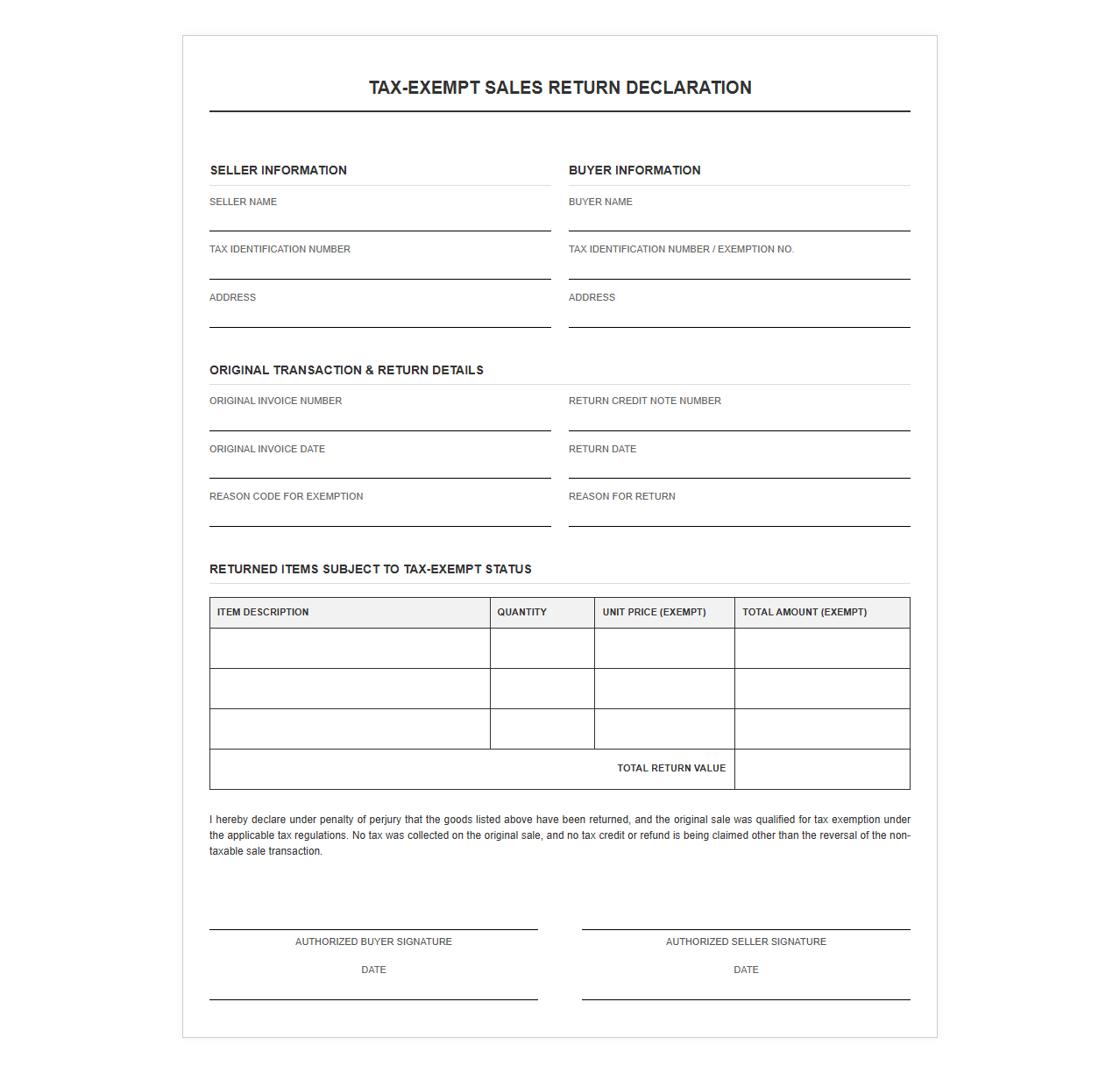 Tax-Exempt Sales Return Declaration Template