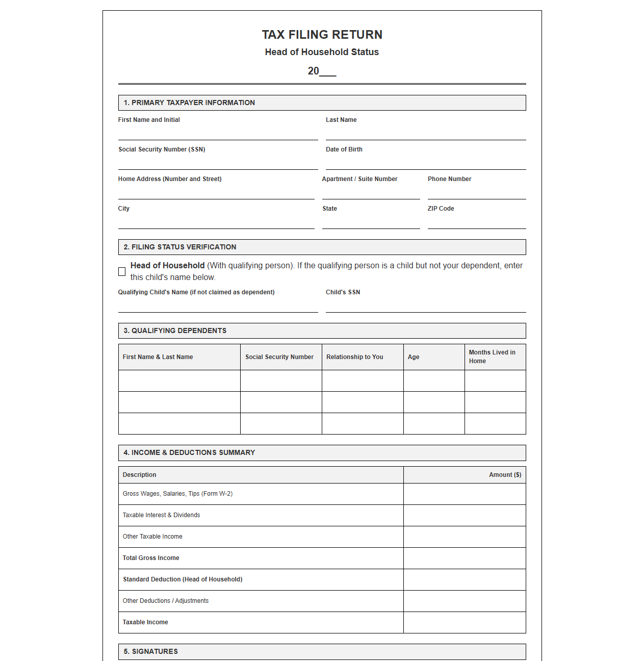 Tax Filing Template for Head of Household