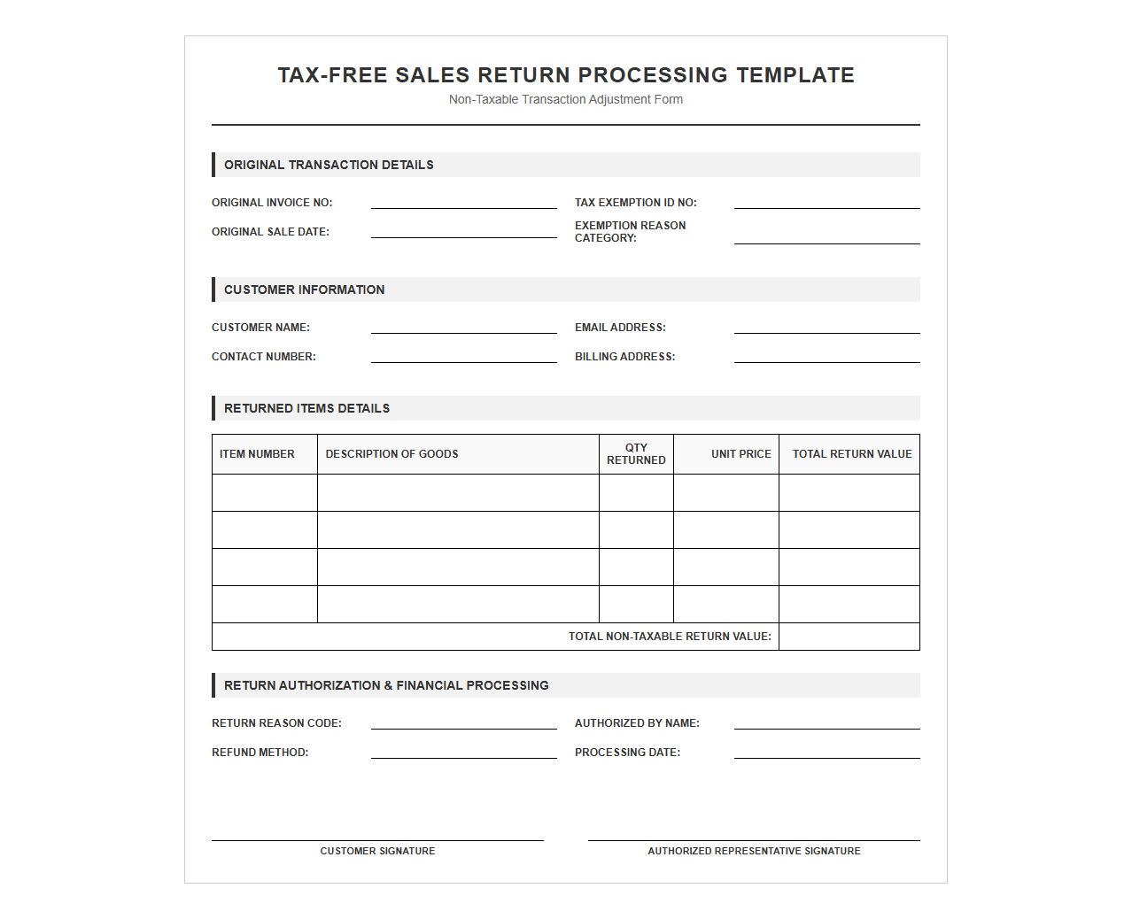 Tax-Free Sales Return Processing Template