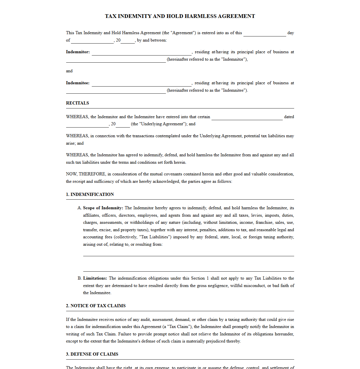 Tax Indemnity and Hold Harmless Agreement
