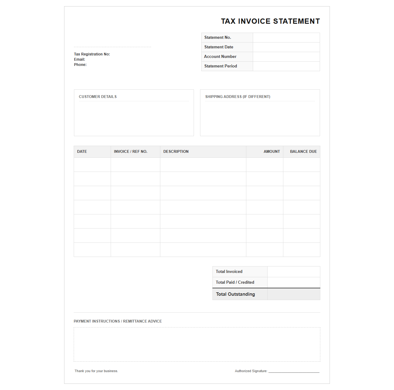 Tax Invoice Summary Statement Template