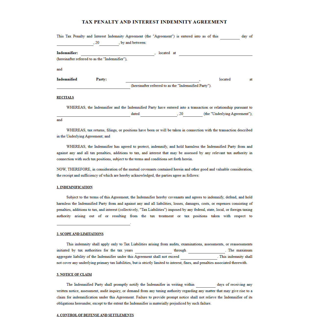 Tax Penalty Indemnity and Interest Protection Agreement
