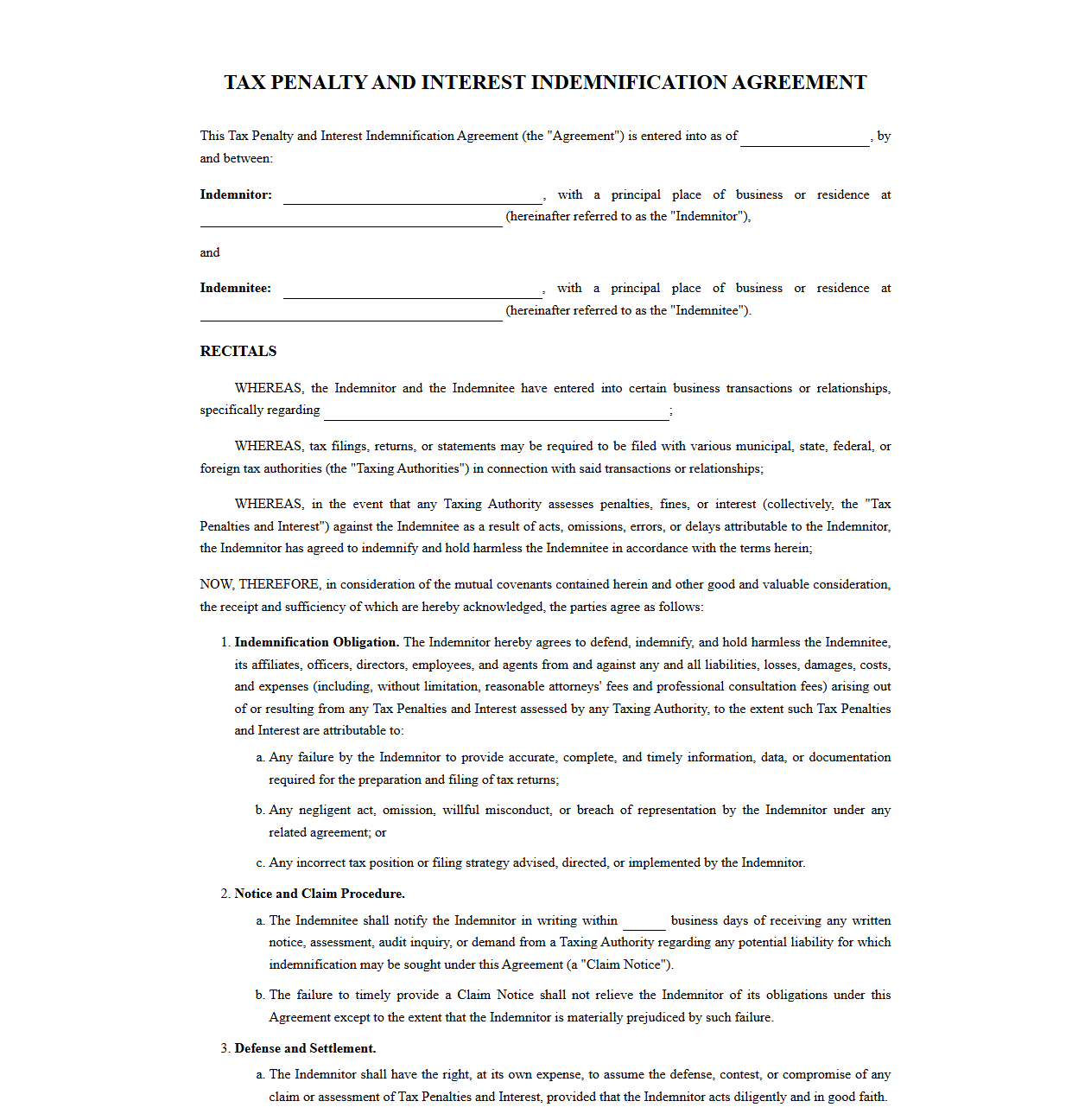 Tax Penalty and Interest Indemnification Agreement