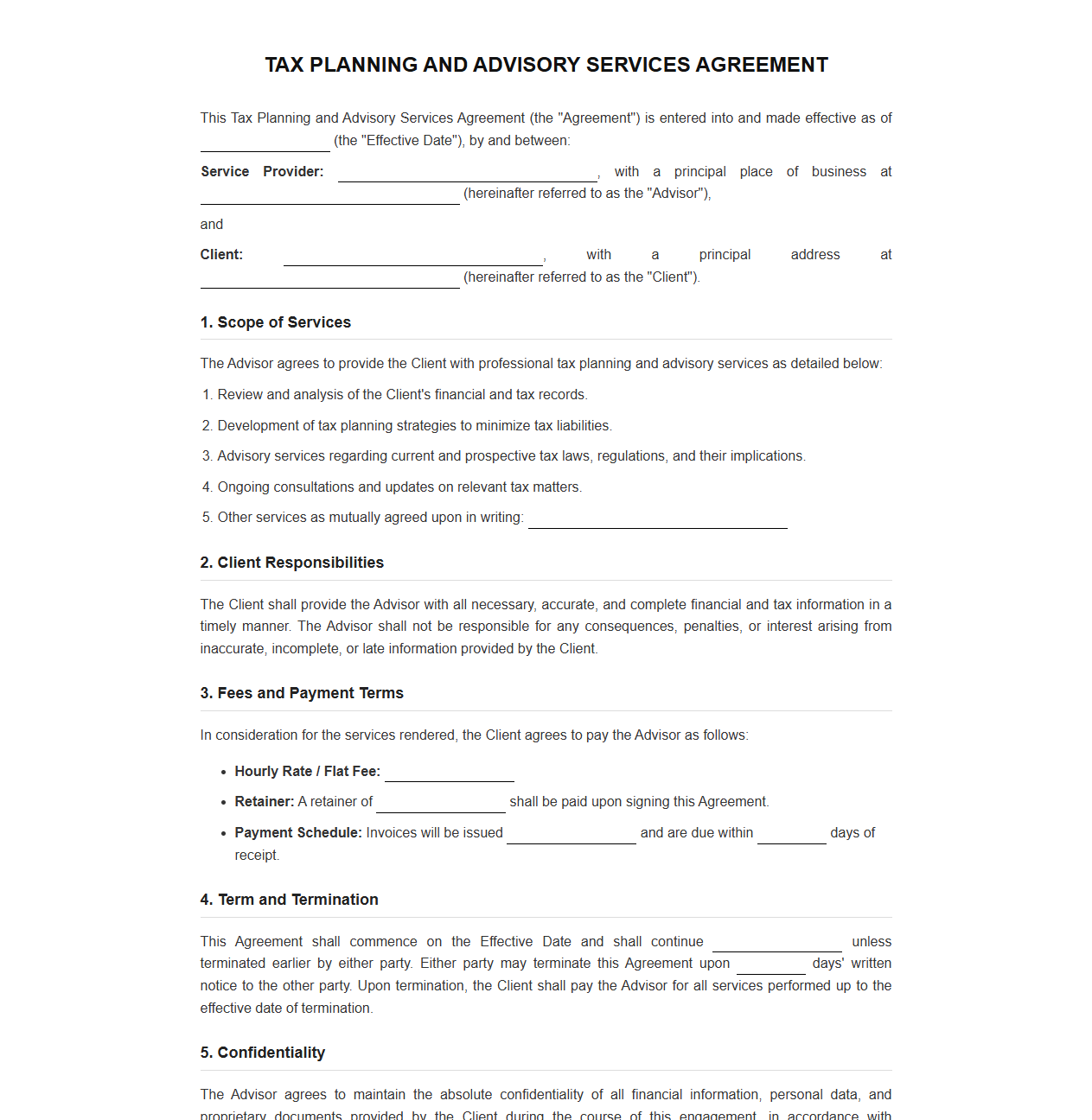 Tax Planning and Advisory Services Agreement Template