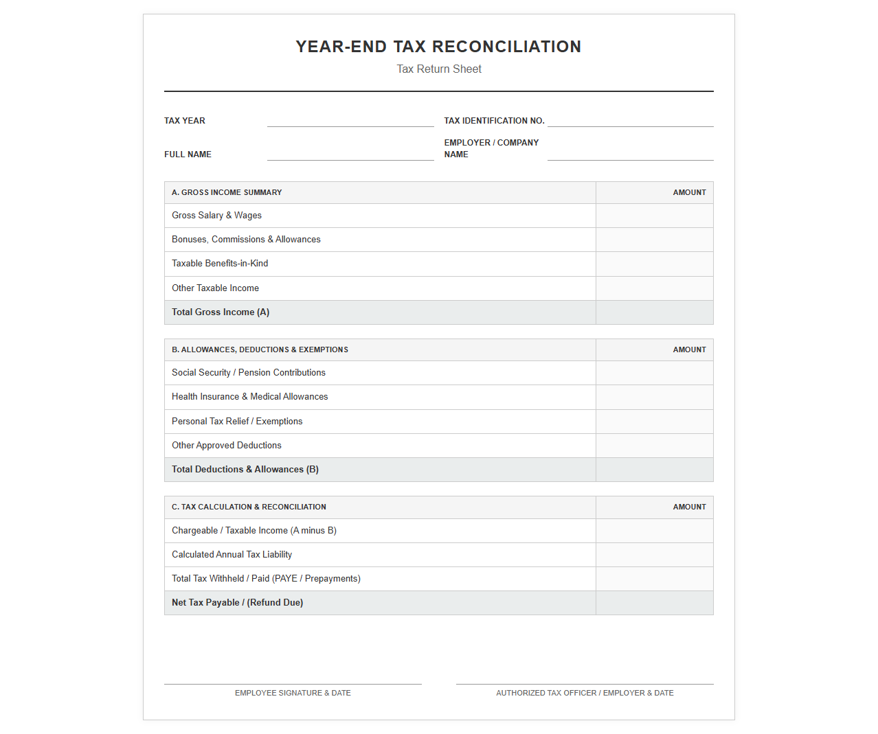 Tax Reconciliation Return Sheet for Year-End