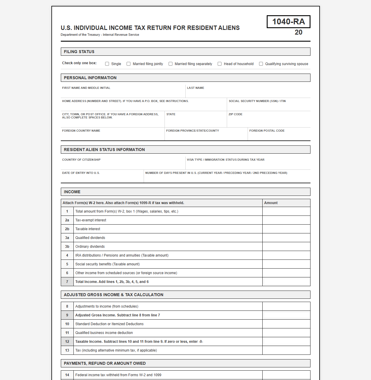 Tax Return Form for Resident Aliens