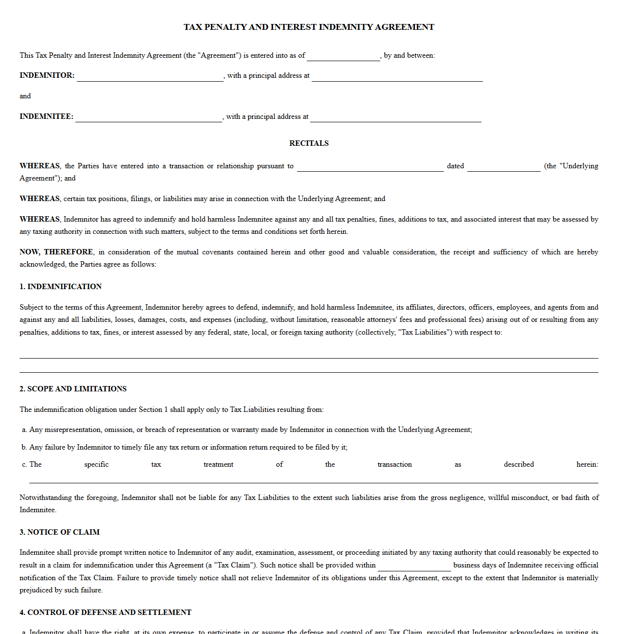 Taxation Penalty and Interest Indemnity Agreement Template