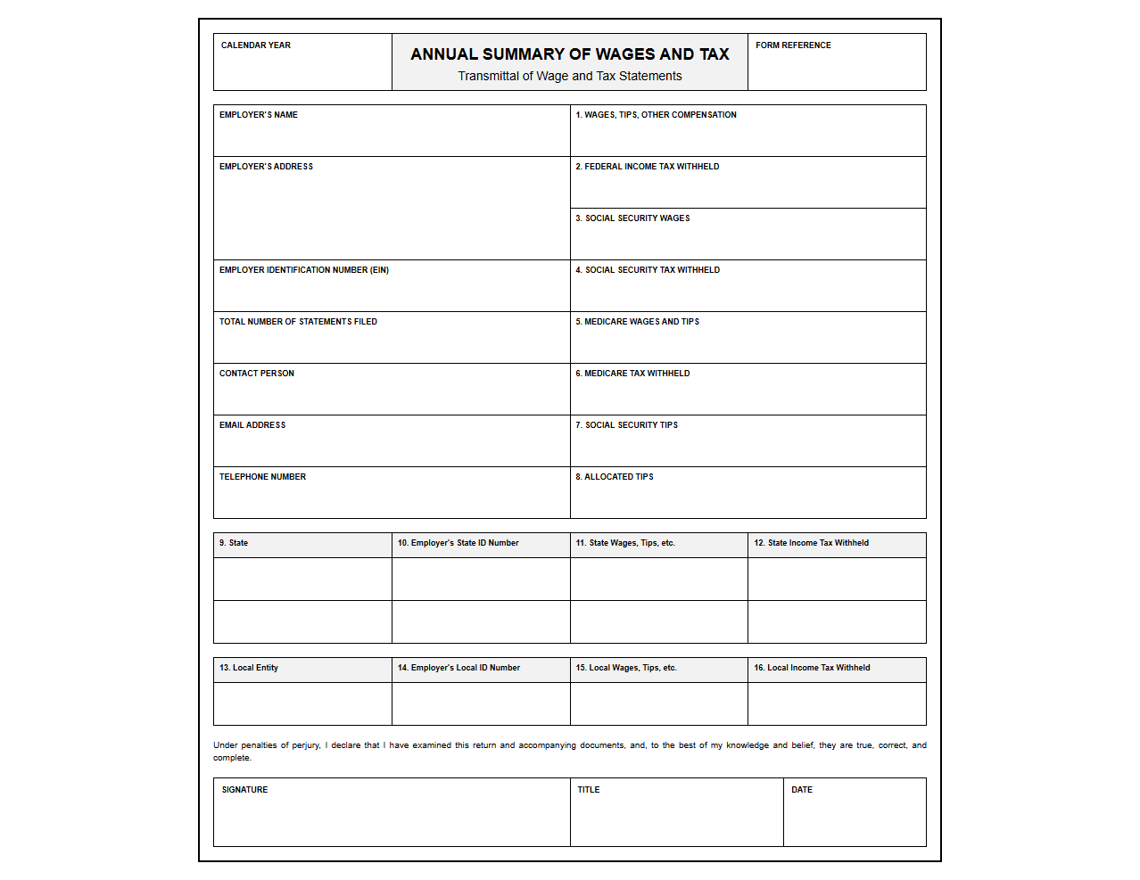Template for Annual Summary of Wages and Taxes