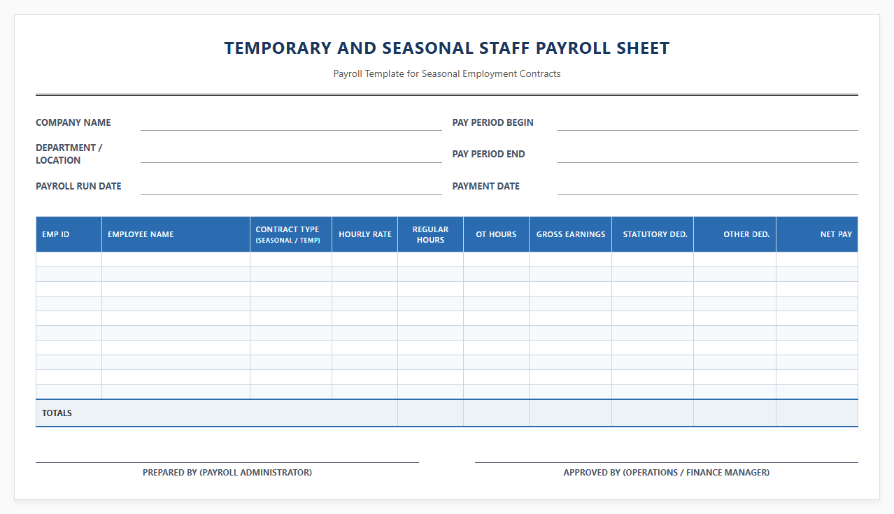 Temporary and Seasonal Staff Payroll Sheet
