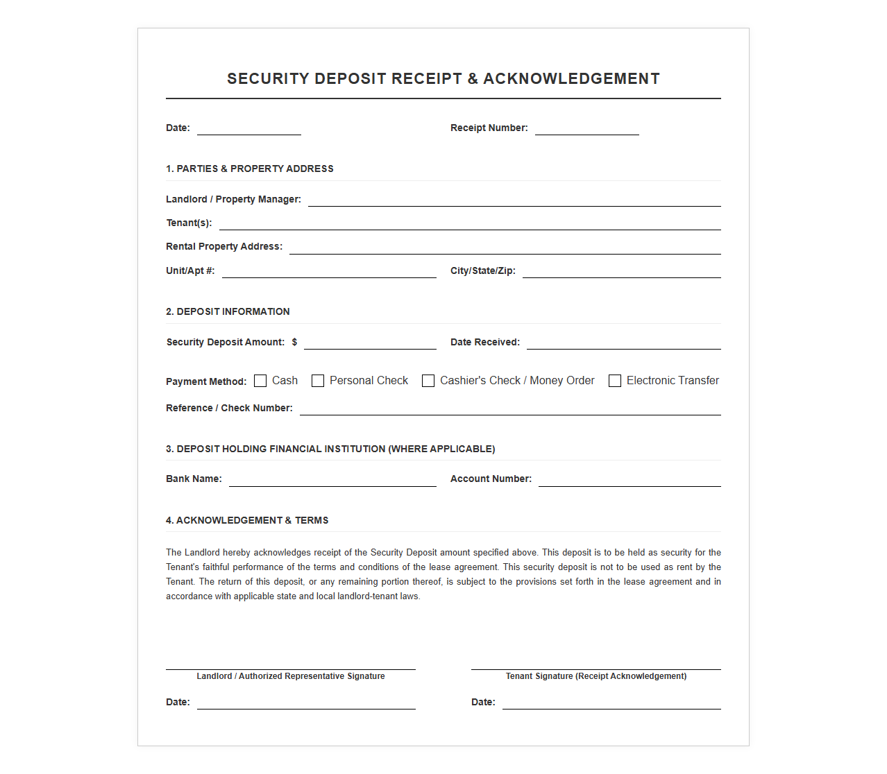Tenant Security Deposit Acknowledgement Form