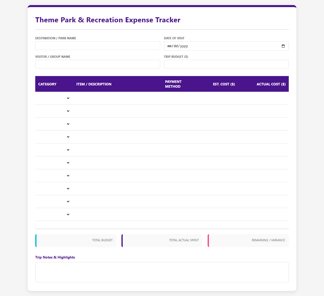 Theme Park and Recreation Expense Tracker