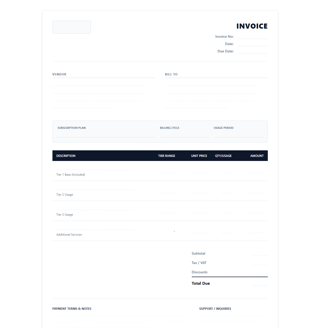 Tiered Pricing SaaS Subscription Invoice