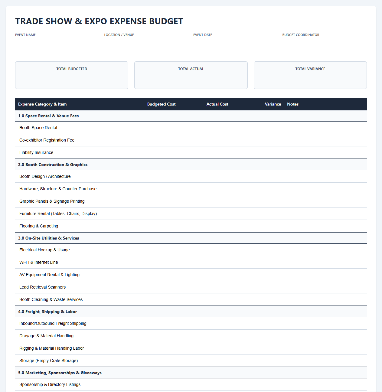 Trade Show Booth and Exhibition Budget Spreadsheet