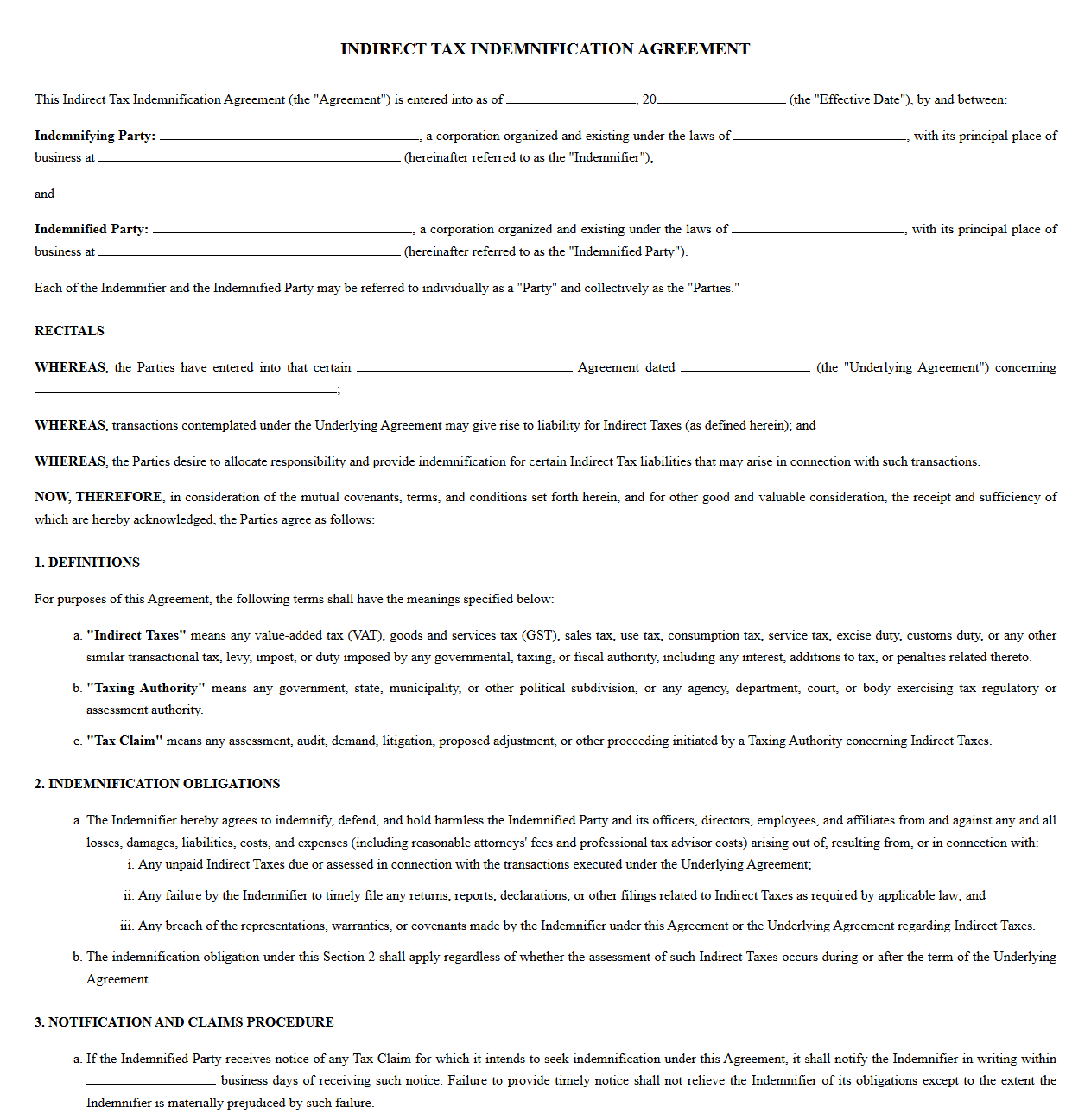 Transactional Indirect Tax Indemnification Contract