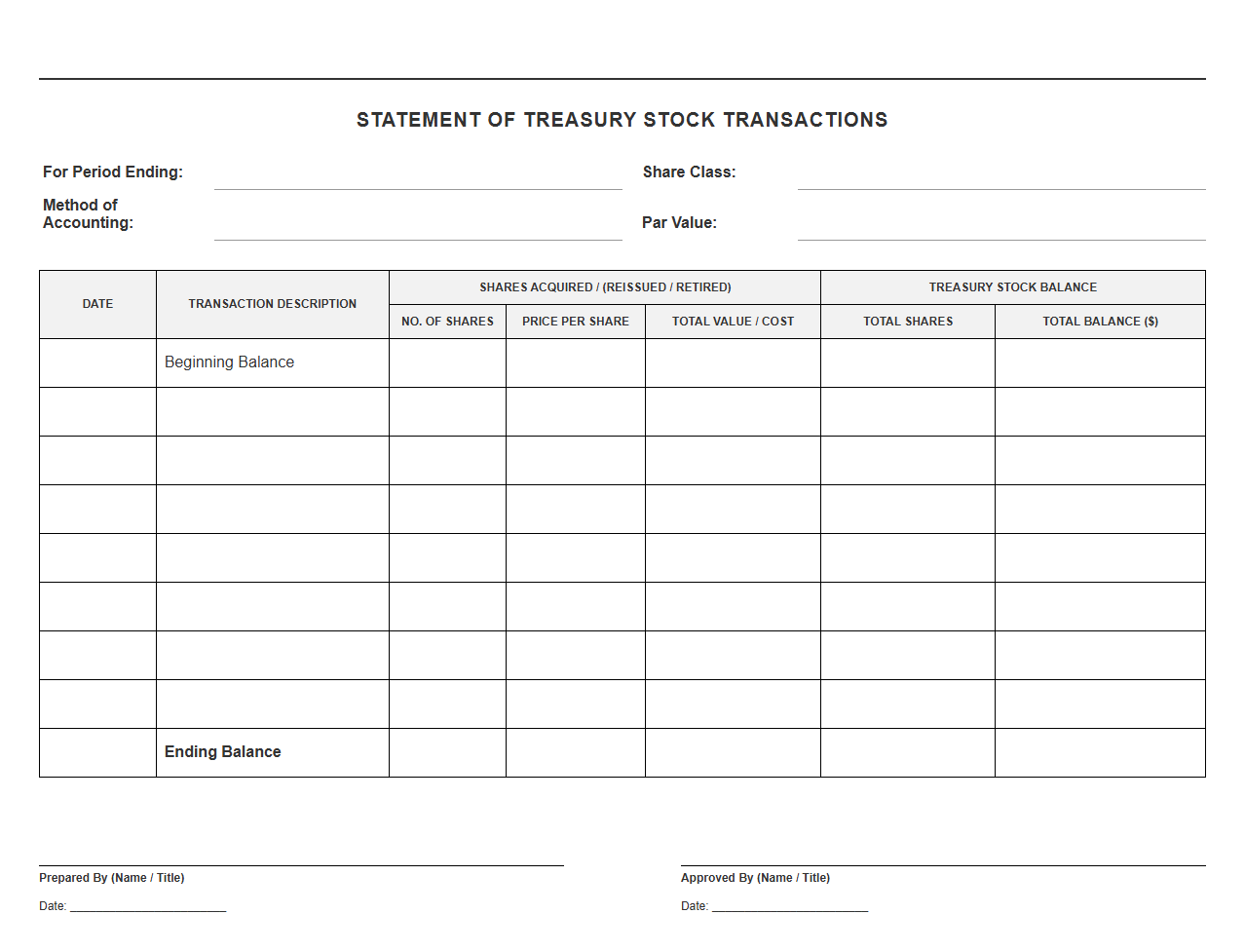 Treasury Stock Transaction Statement Template
