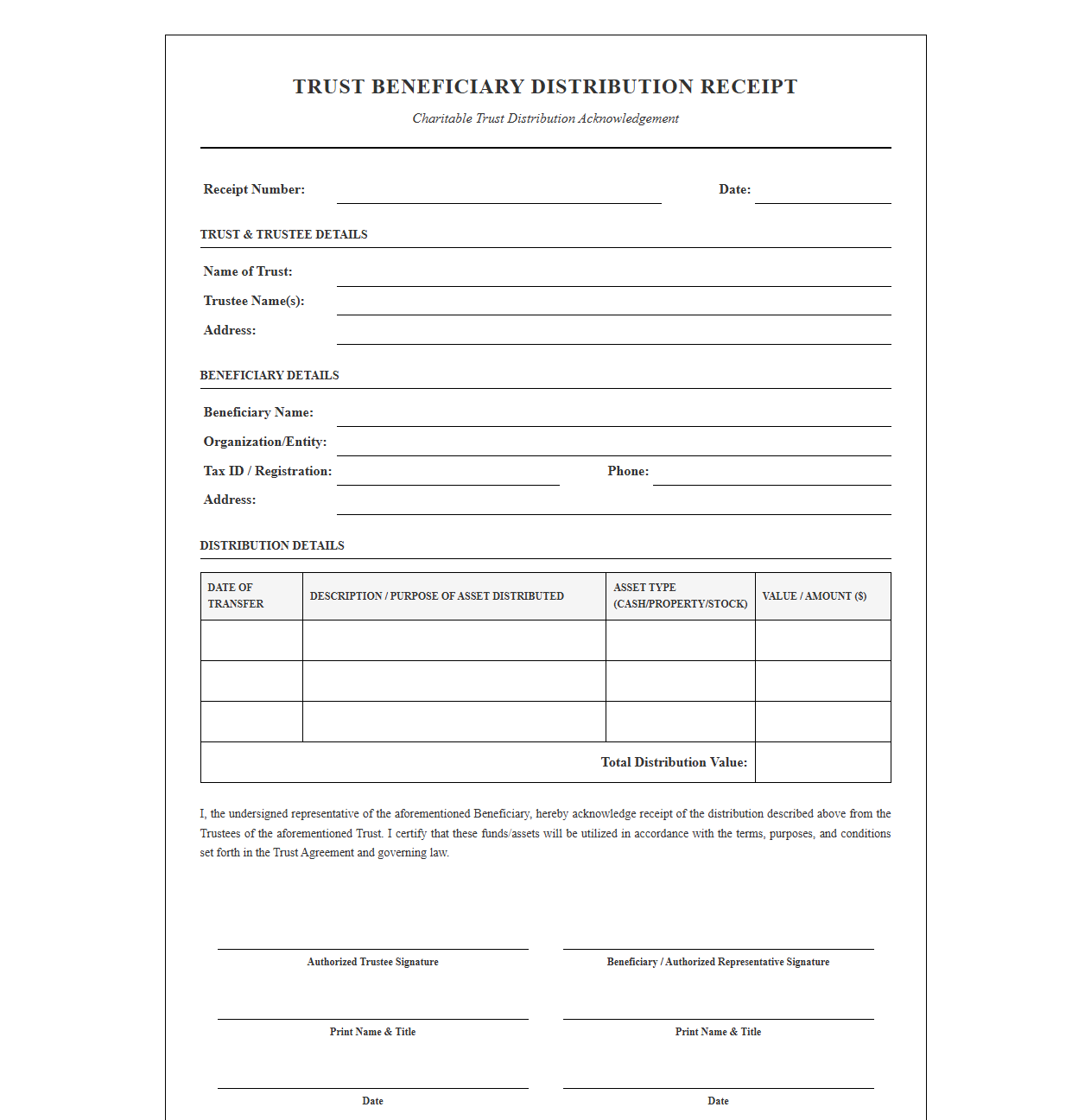 Trust Beneficiary Distribution Receipt Form