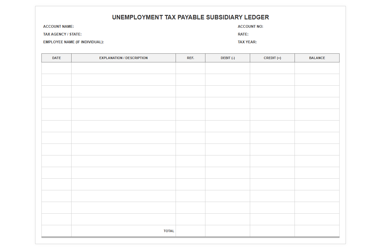 Unemployment Tax Payable Subsidiary Ledger Sheet