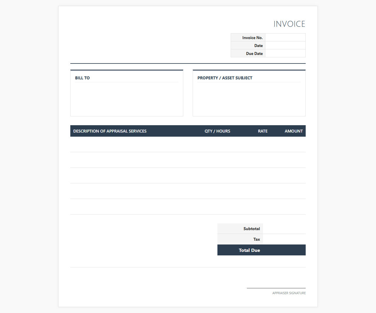 Valuation and Appraisal Invoice Sheet