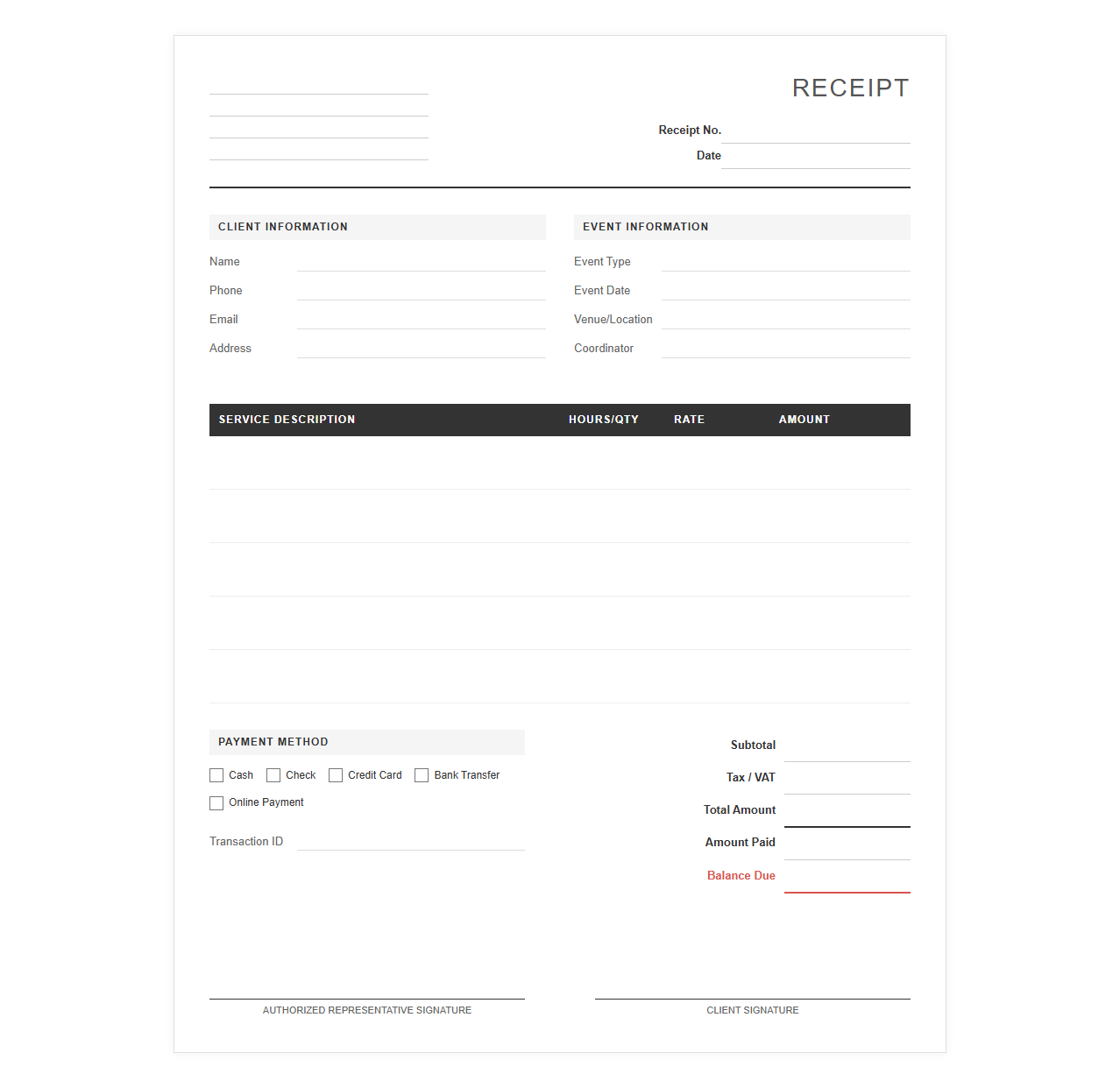 Videography and Photography Combined Service Receipt