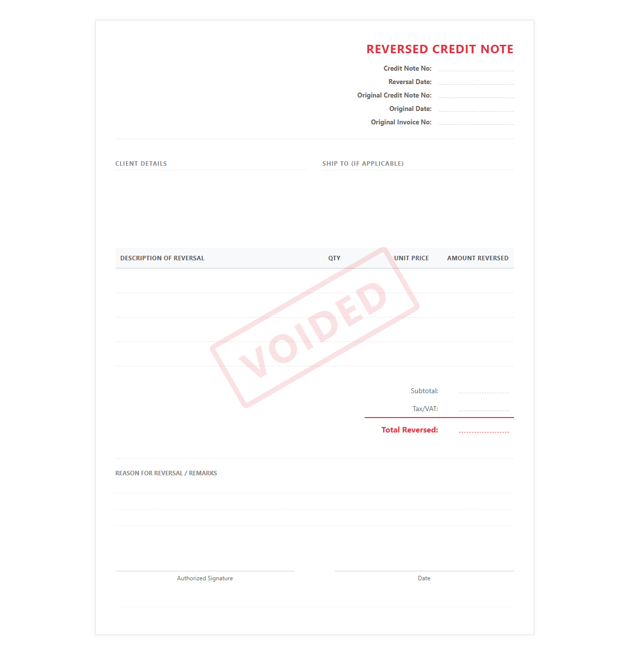 Voided Credit Note Invoice Template