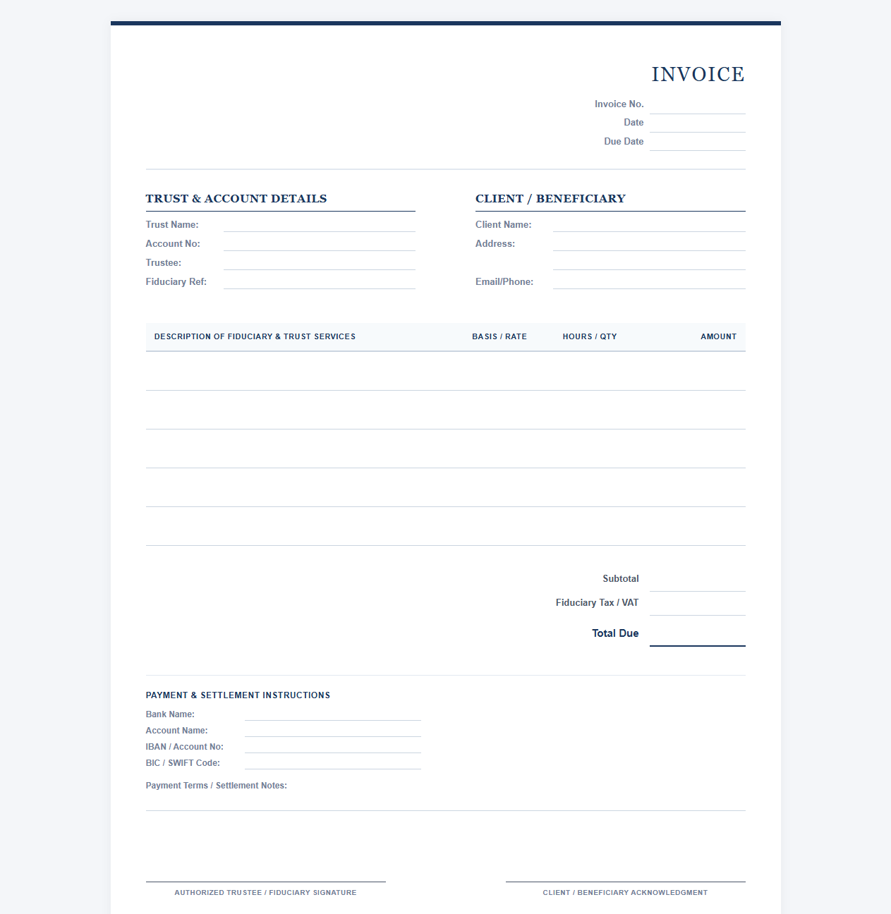 Wealth and Trust Management Invoice