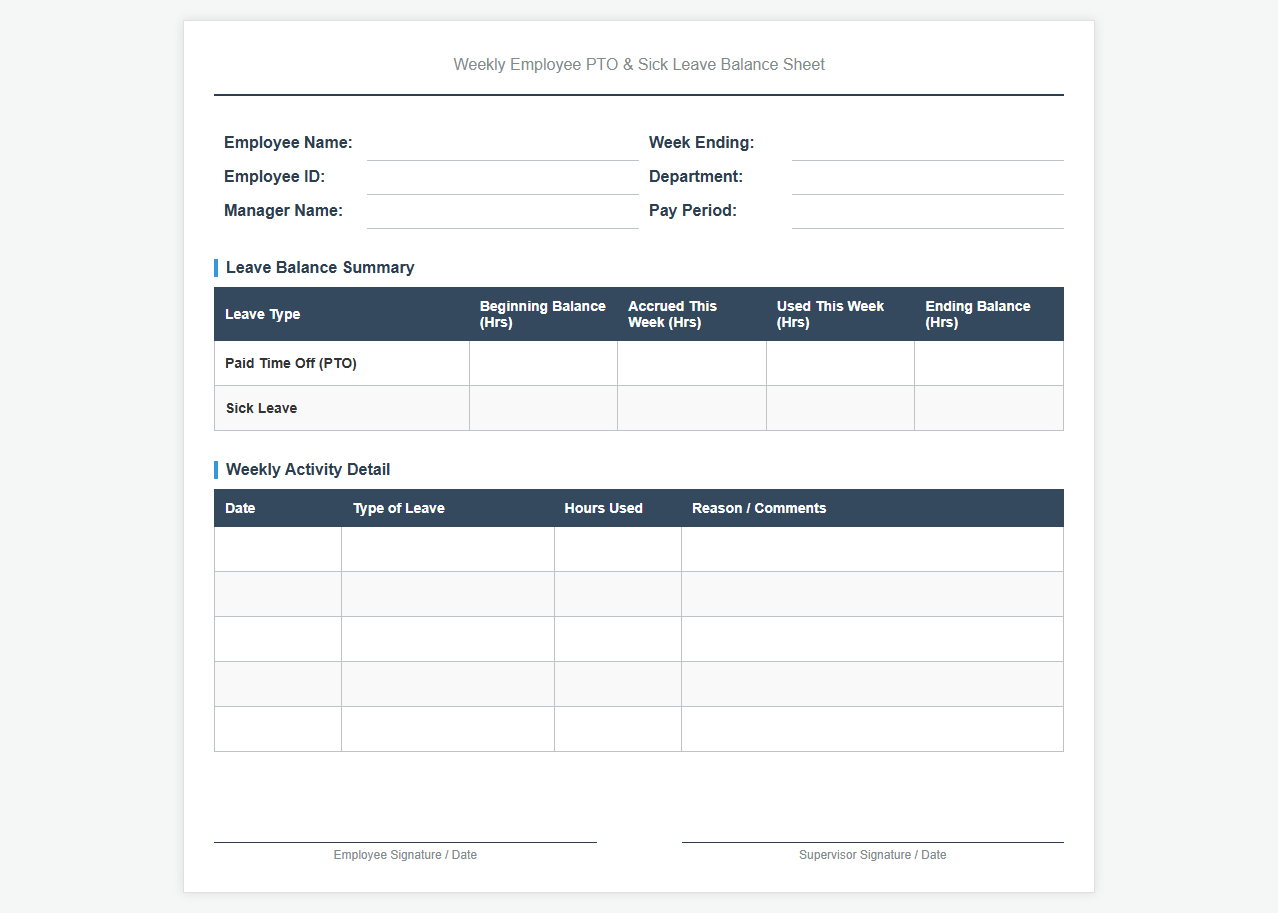 Weekly Employee PTO and Sick Leave Balance Sheet