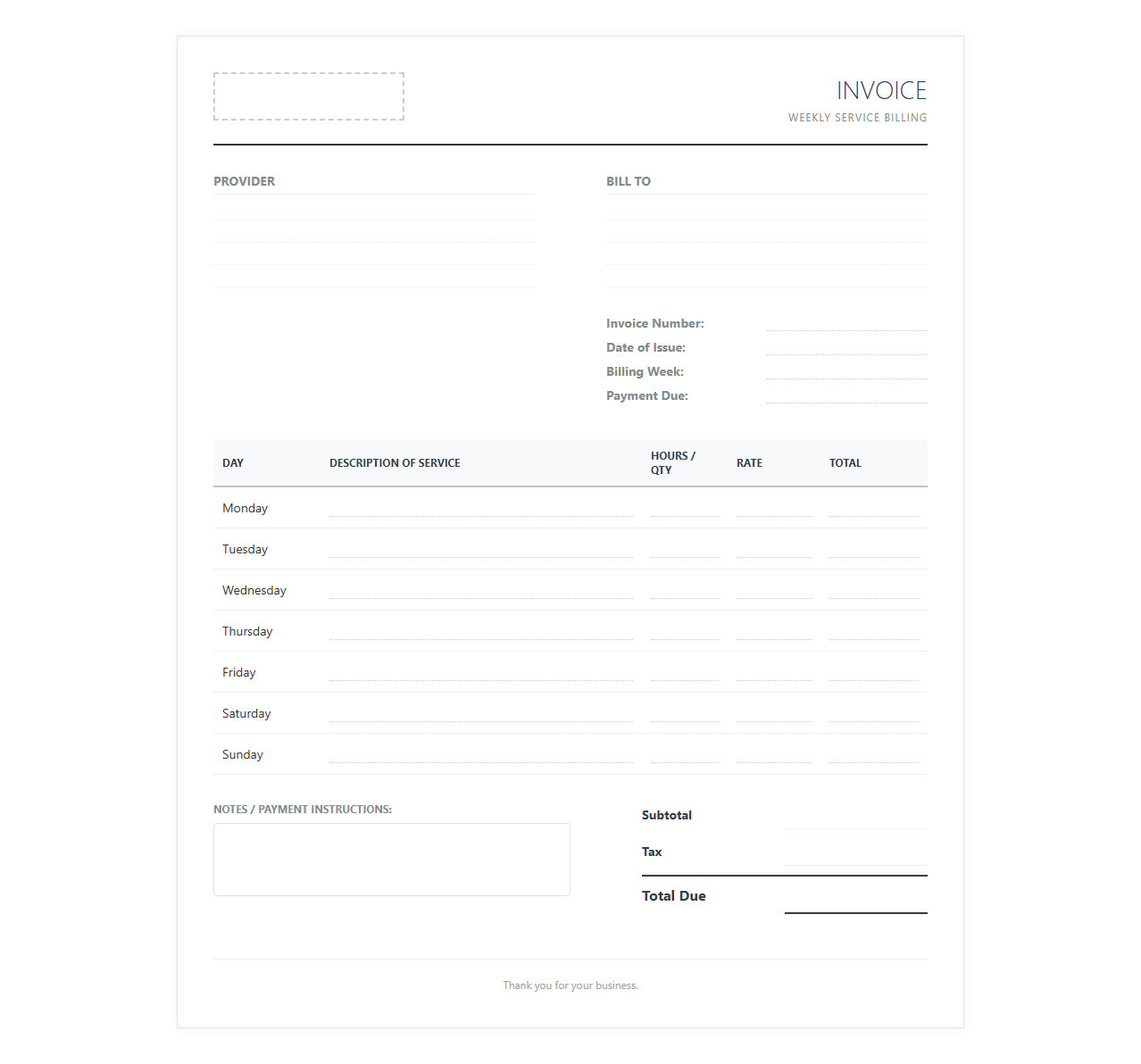 Weekly Service Billing Invoice Template